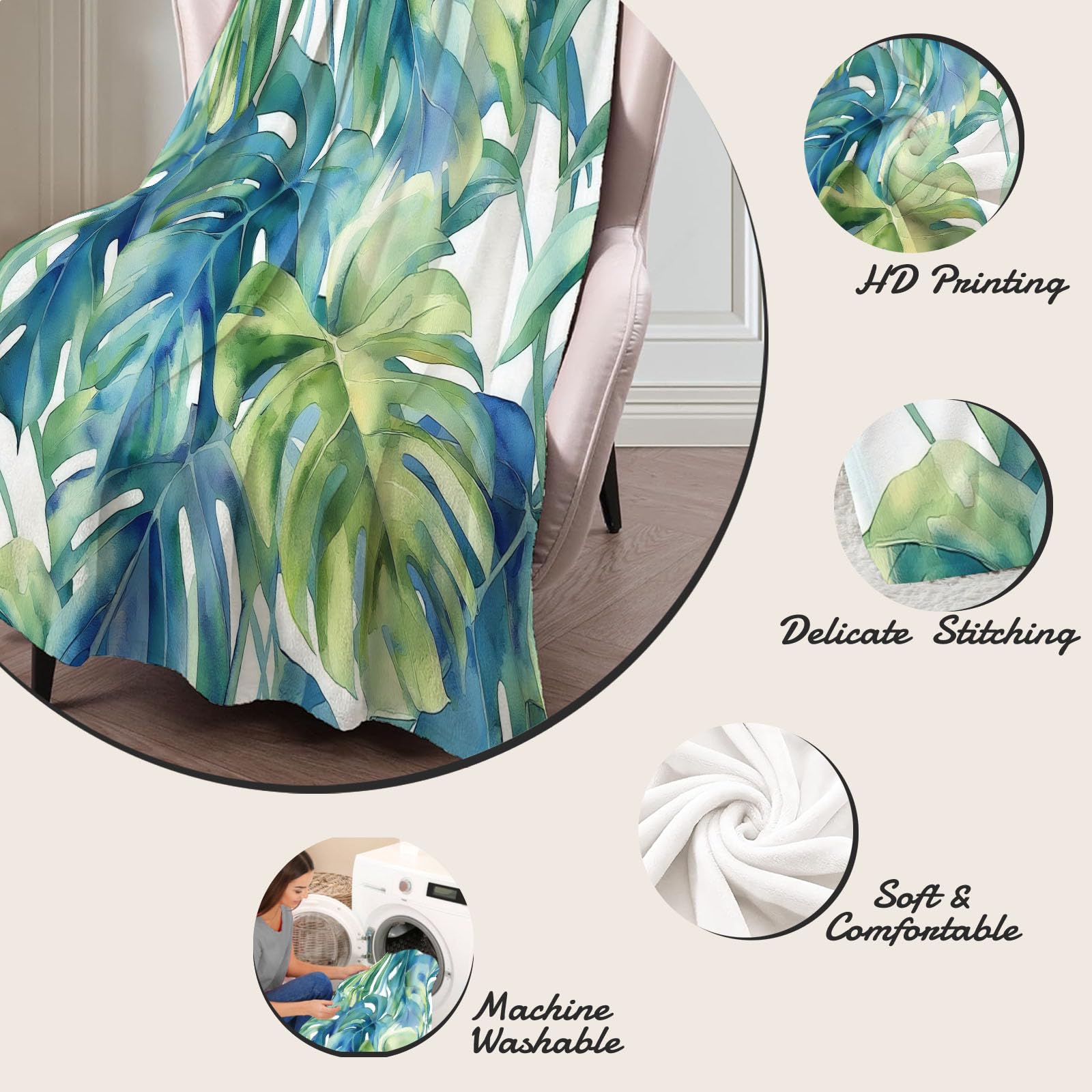Manta Acuarela Plantas Tropicales Franela Suave 220x240 cm - Manta Verde Polar Caliente Estampado Jungla Hojas De Monstera, para niñas niños Adultos Mantas de sofá de Viaje