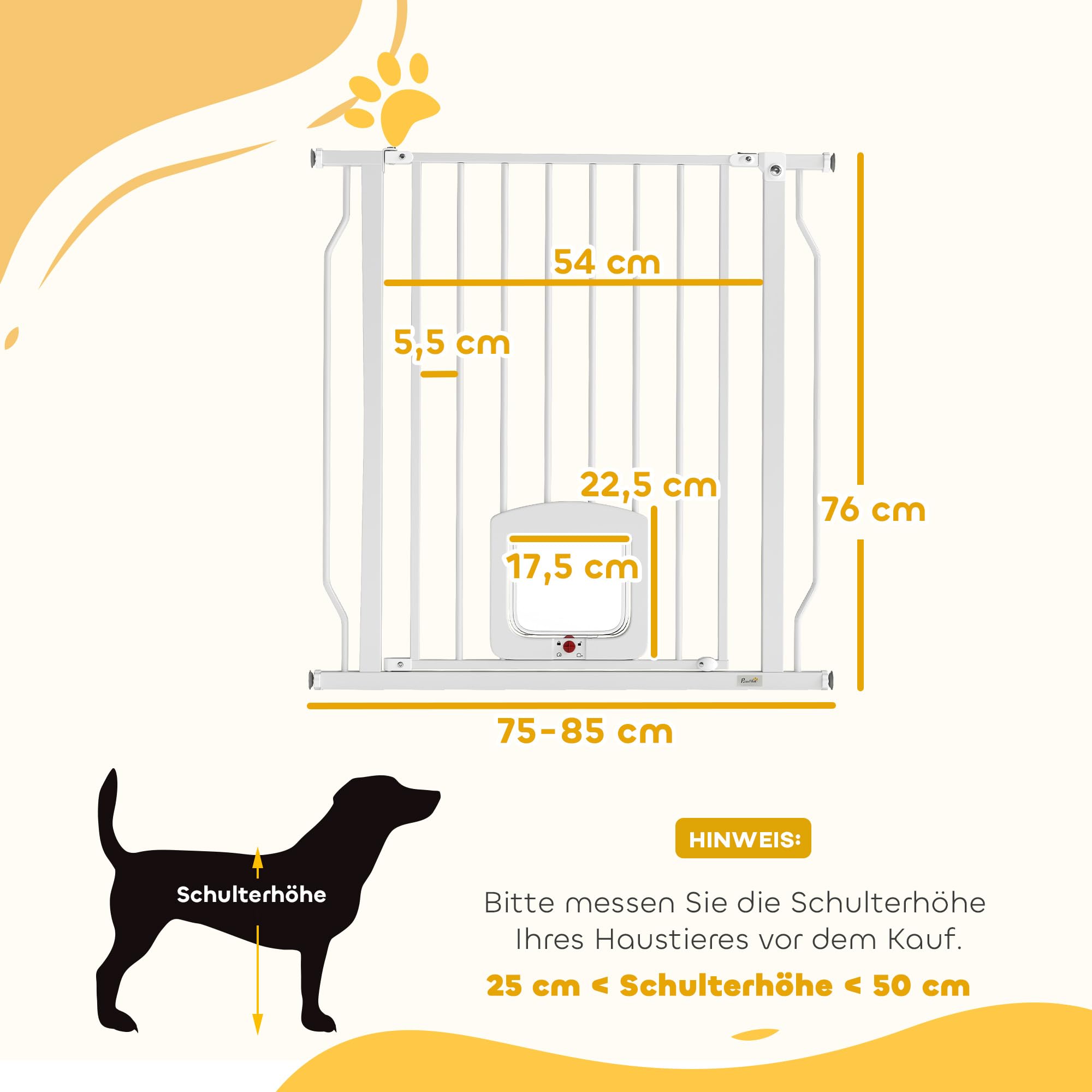 PawHut Treppenschutzgitter mit Katzenklappe ohne Bohren 75-85 cm Weiß