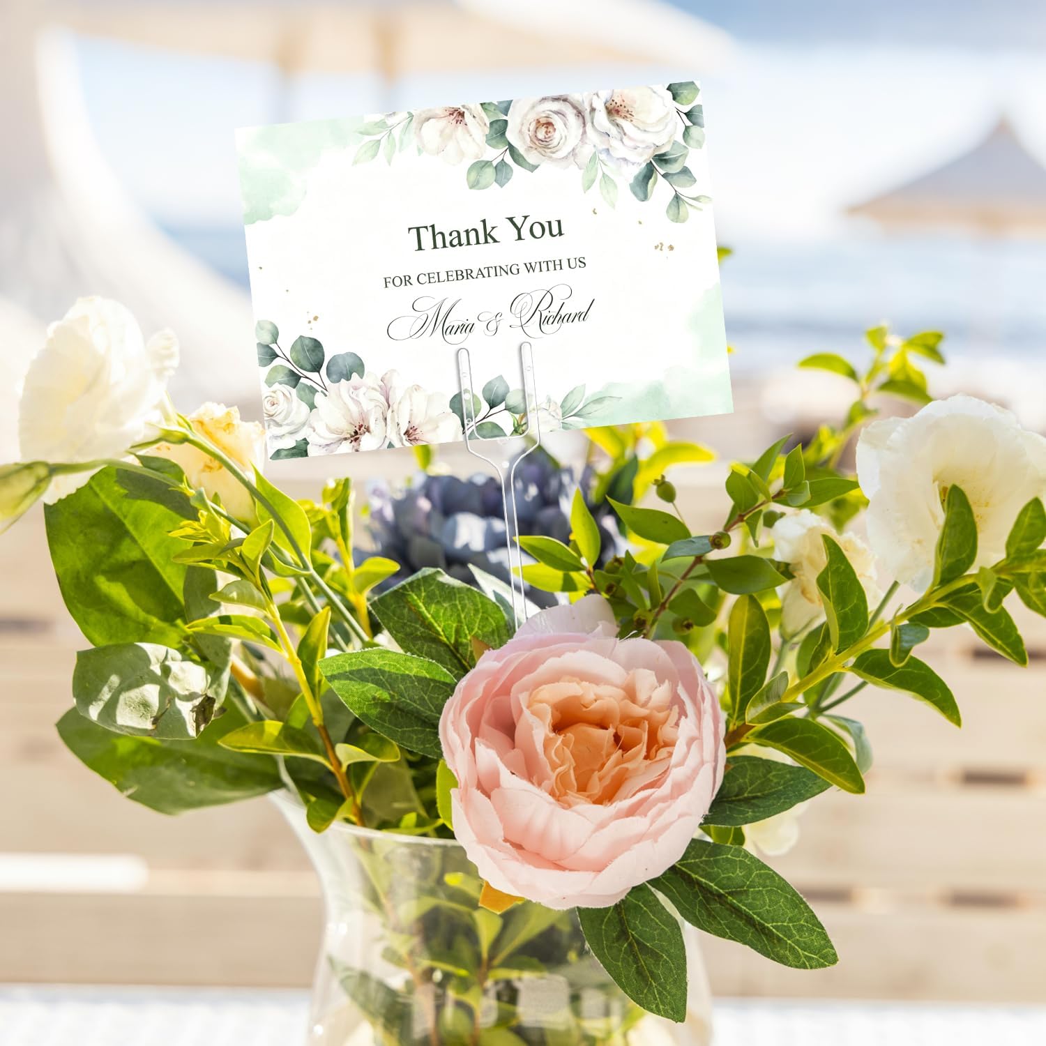 80 Pcs Plastic Floral Pick Card Holders Clear Fork Shaped Straight Head Flower Photo Card Holder Sticks for Wedding Bouquet Birthday Party Decoration (12in)