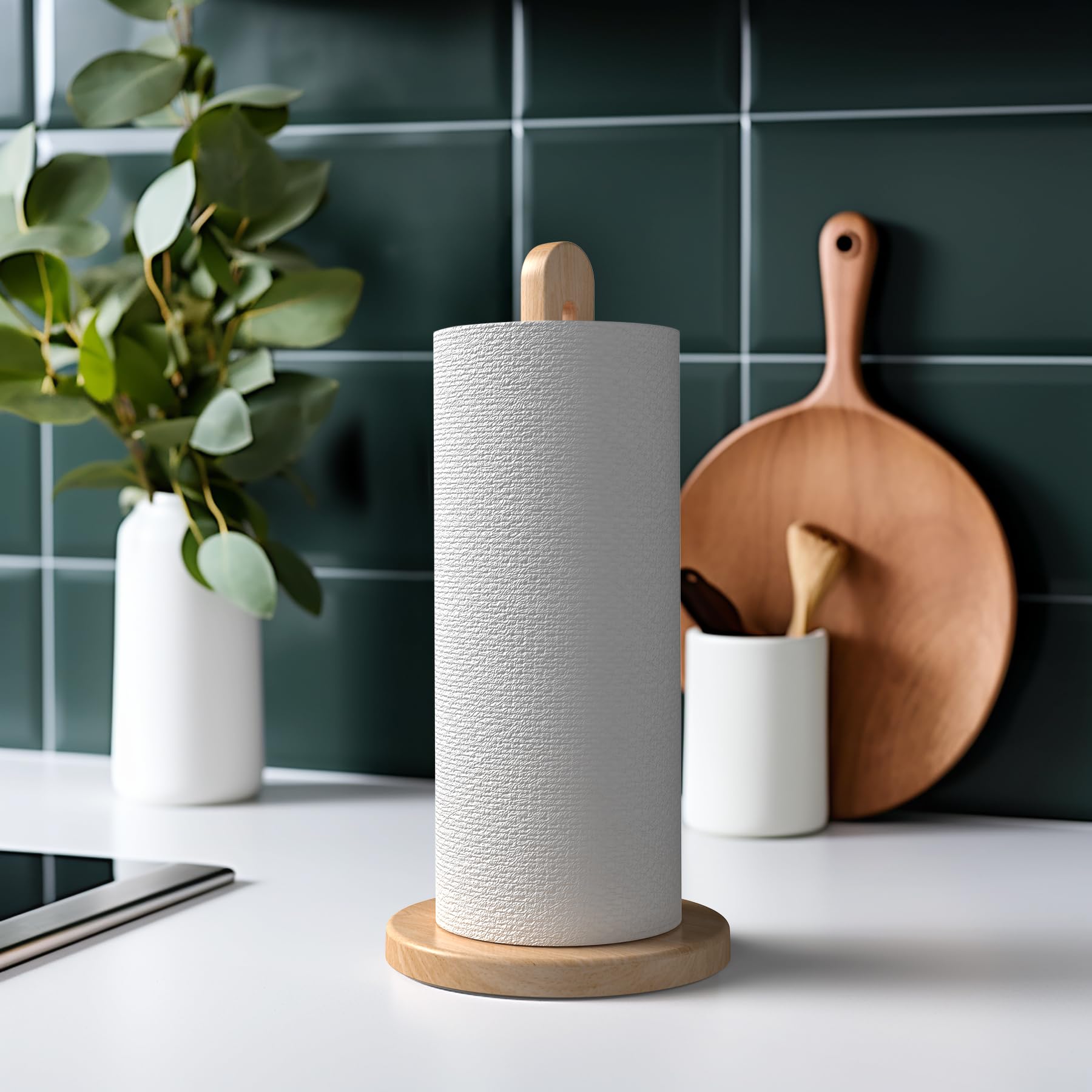 Soporte para toallas de papel de madera, se adapta a rollos gigantes, soporte dispensador de toallas de papel de madera de haya maciza con base antideslizante, 1 paquete 3