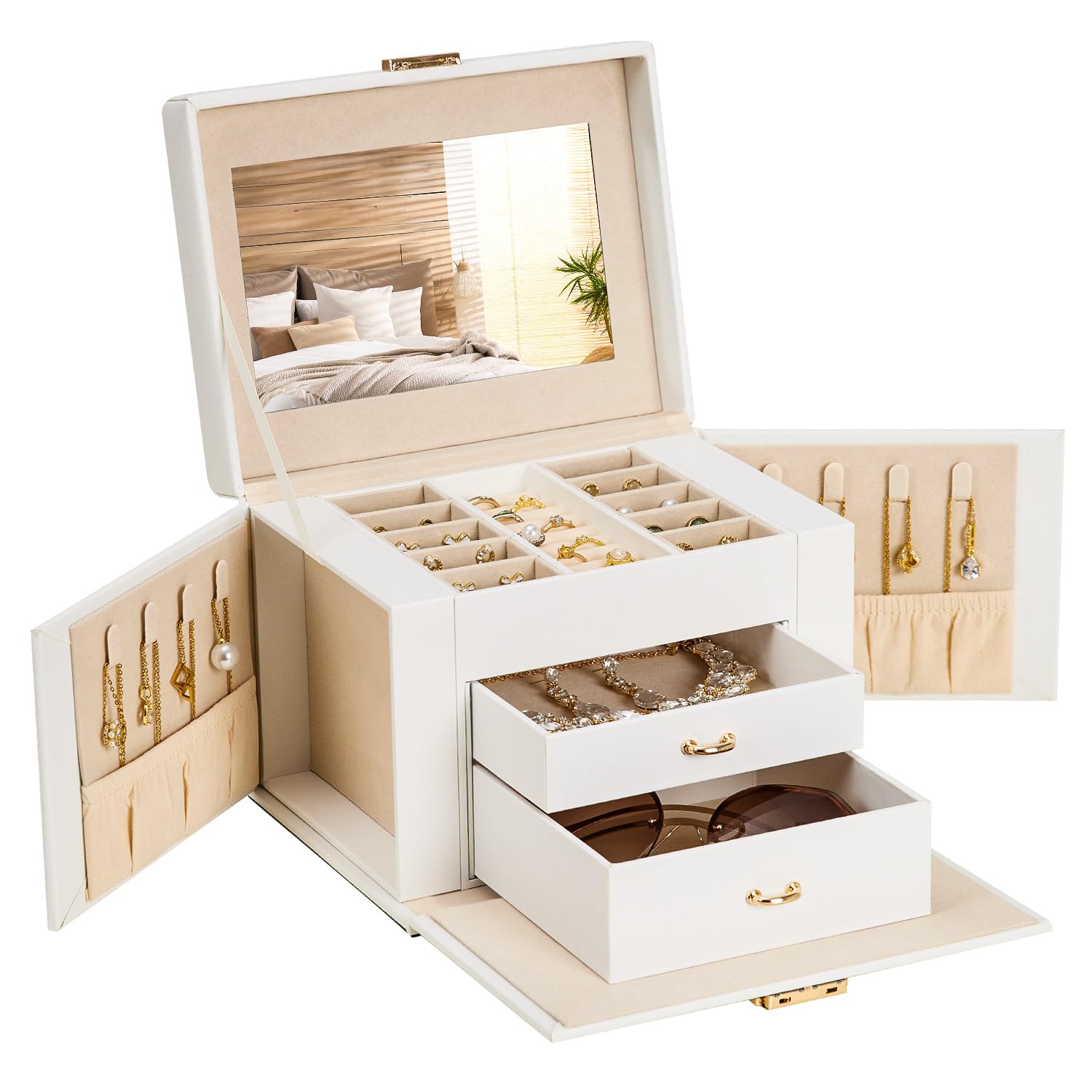 Homde Girls Jewelry Box with Lock 3 Layer Organizer with Mirror - Necklace Ring Earring Storage for Dresser