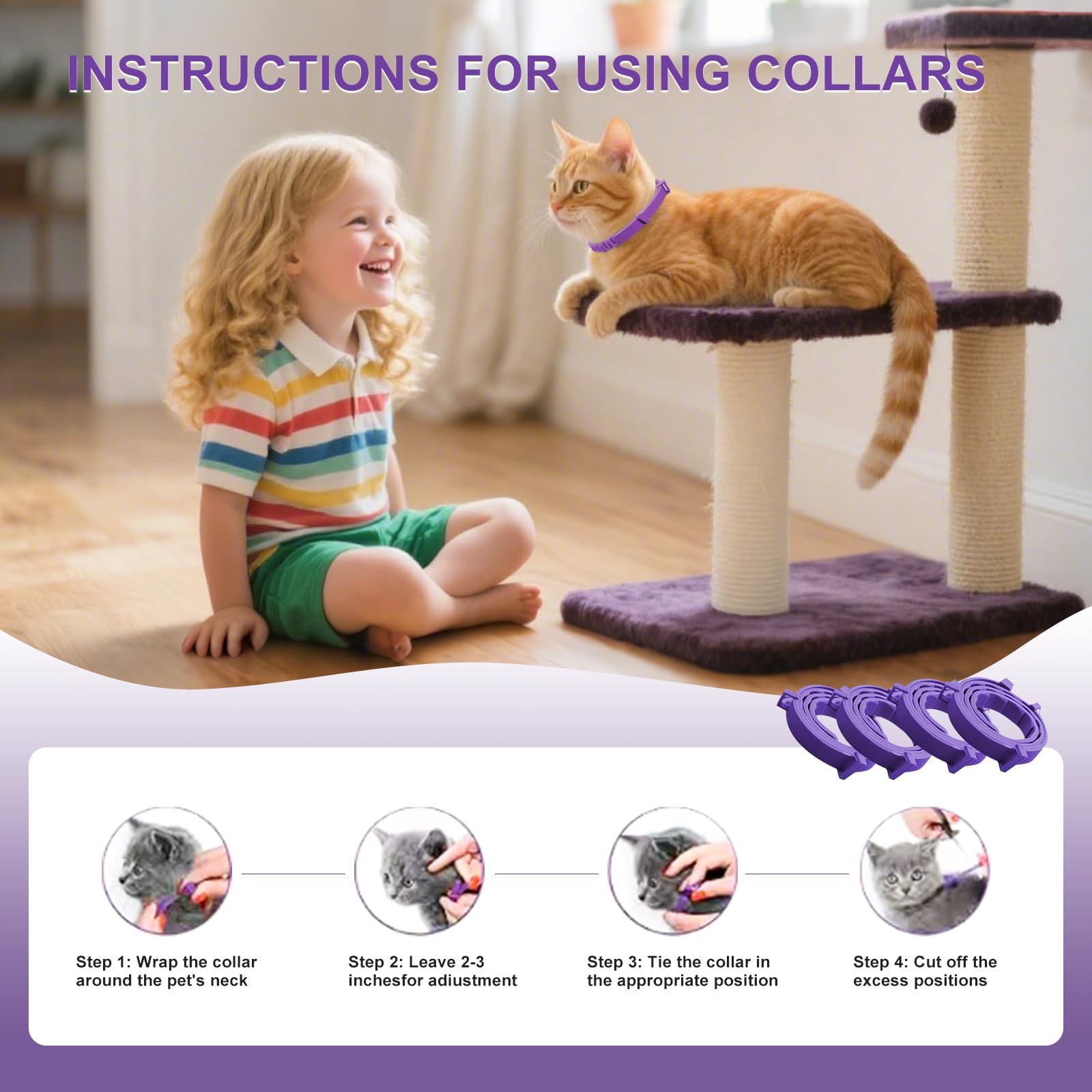 Cat Calming Collar, 15-Inch Adjustable, 60-Day Stress Relief, Purple, 4-Pack - image 4