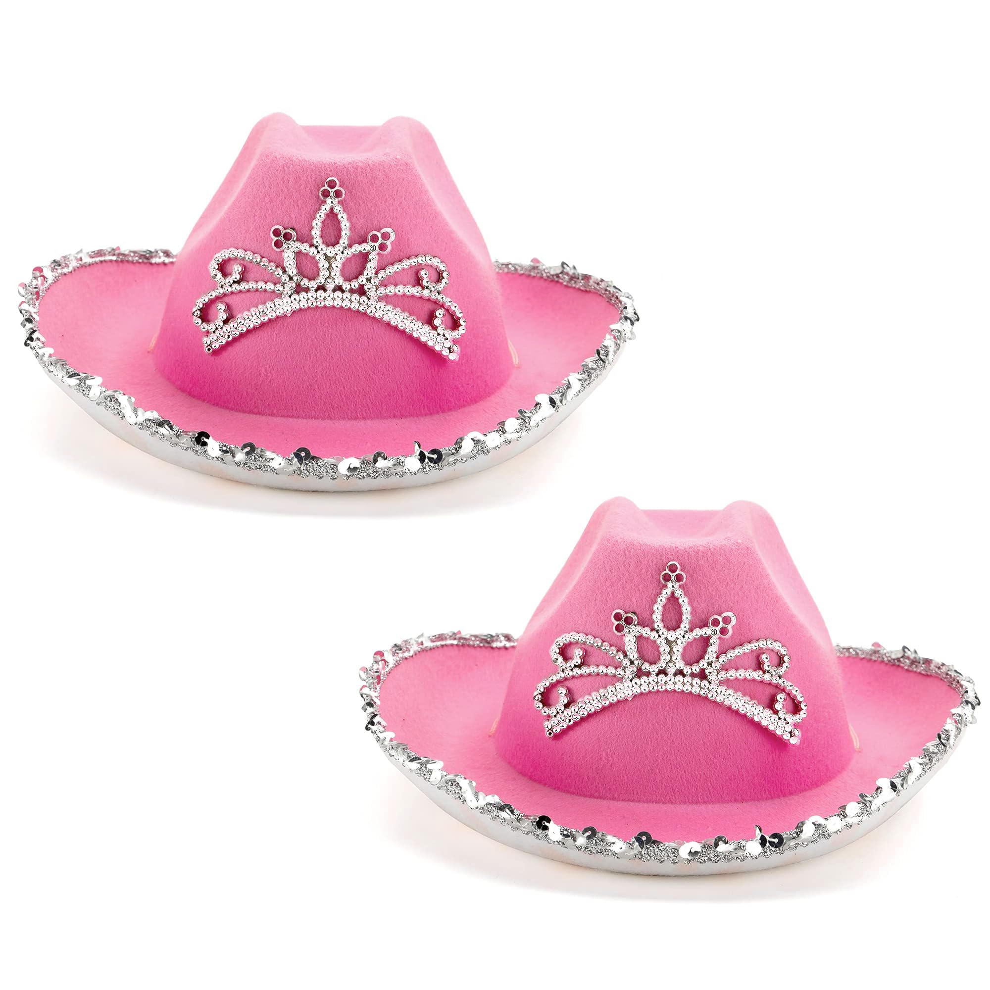 Spooktacular Creations 2 Pack Pink Cowboy Hat with Crown Blinking, Halloween Children's Pink Tiara Felt Cowboy Hats Accessories for Cosplay, Dress-up Party