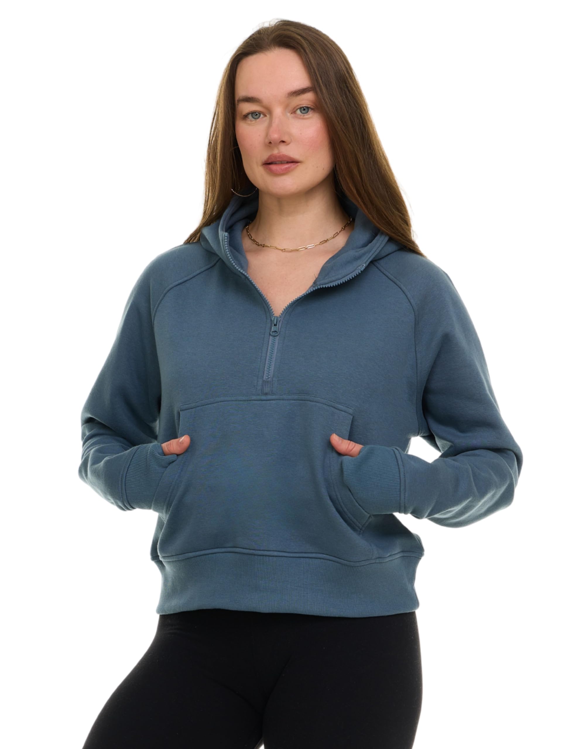 modern basics womens half zip hoodie - fleece cropped sweatshirt for women, quarter zip up pullover grey blue