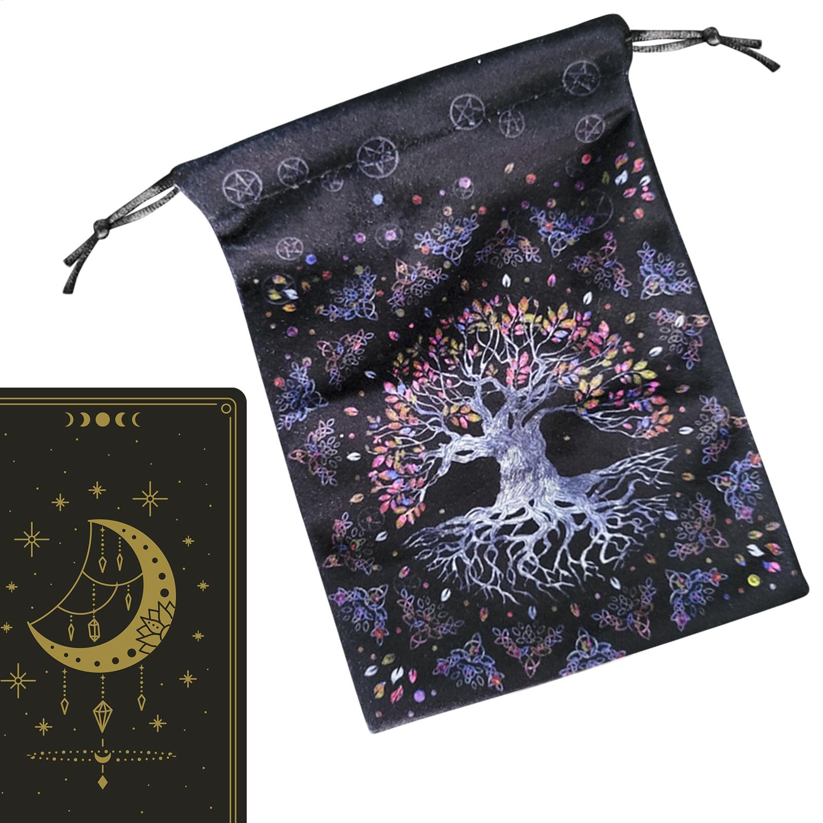 Tarot Card Pouch - Moon Phase Pattern Tarot Bag | Flannel Tarot Deck Storage Tote Jewelry Bags with Drawstrings, 13x18cm/5.12x7.09in Life trree Printed Deck Holder for Altar Rune Gift