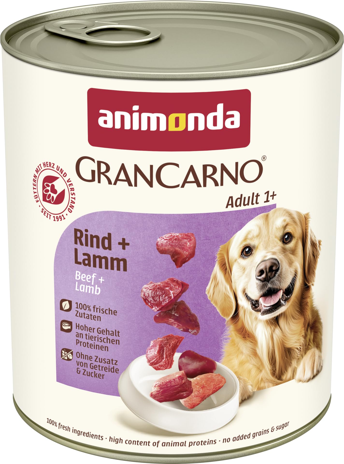 animonda GranCarno Hunde Nassfutter mit Rind + Lamm (6 x 800 g), getreidefreies Hundenassfutter ohne Zucker, für ausgewachsene Hunde, mit frischen fleischigen Zutaten