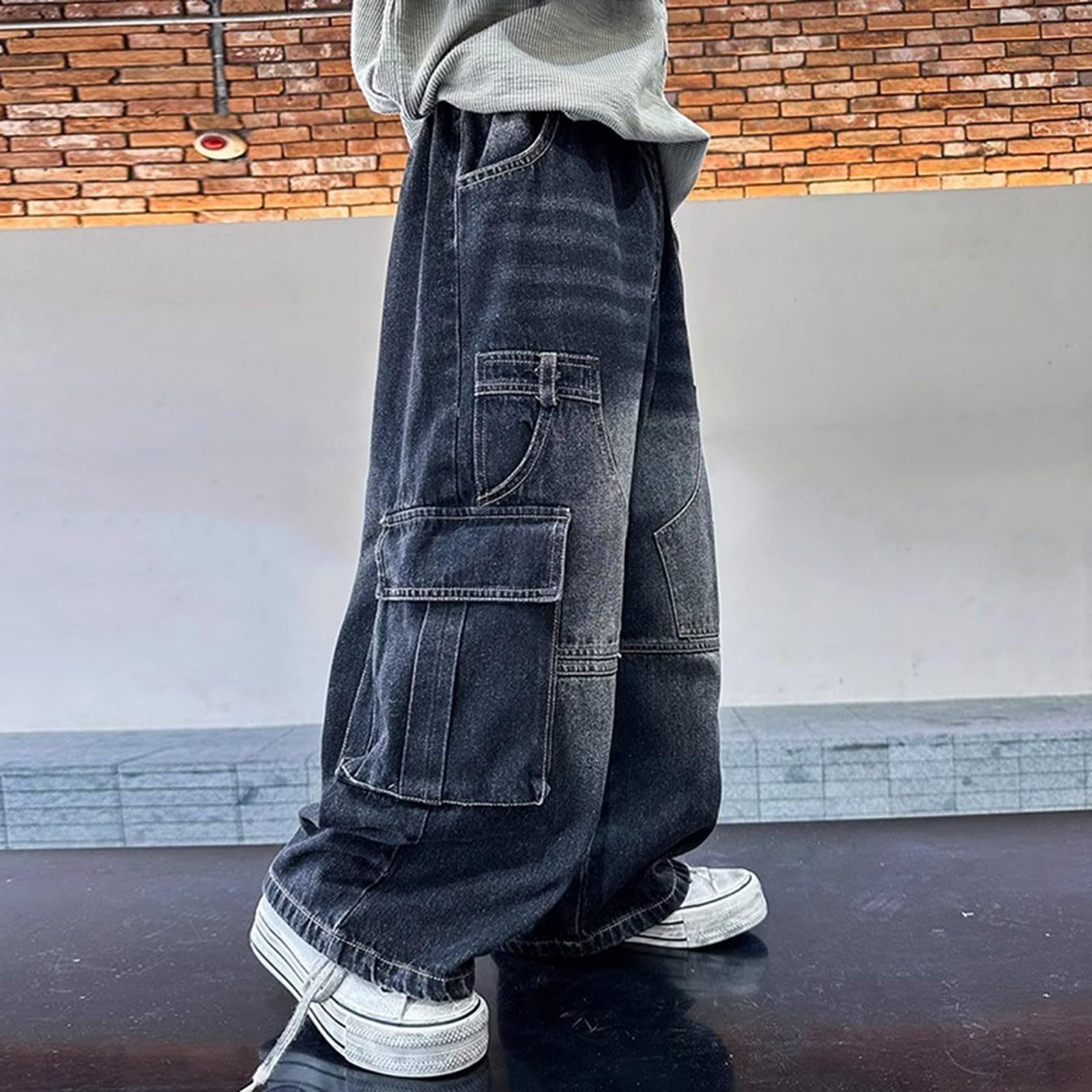 Boys Trendy Dark Blue Cargo Jeans Oversized Elastic Waist Active Sweatpants Baggy Distressed Wash (Black, 10-11 Years)
