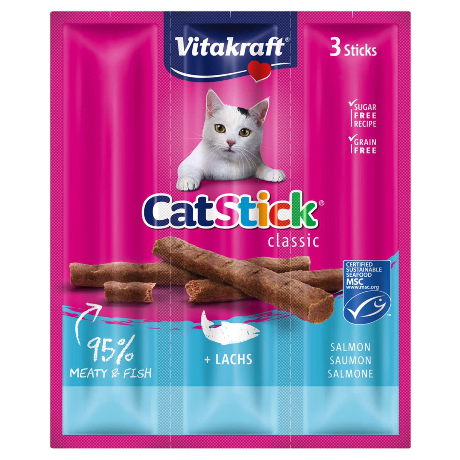 Vitakraft Cat Stick Classic, Aperitivo para gatos, Mini palitos carnosos, con salmón en Calidad MSC, en tamaño de Almacenamiento, sin azúcar ni Cereales añadidos (20 x 3 Unidades)
