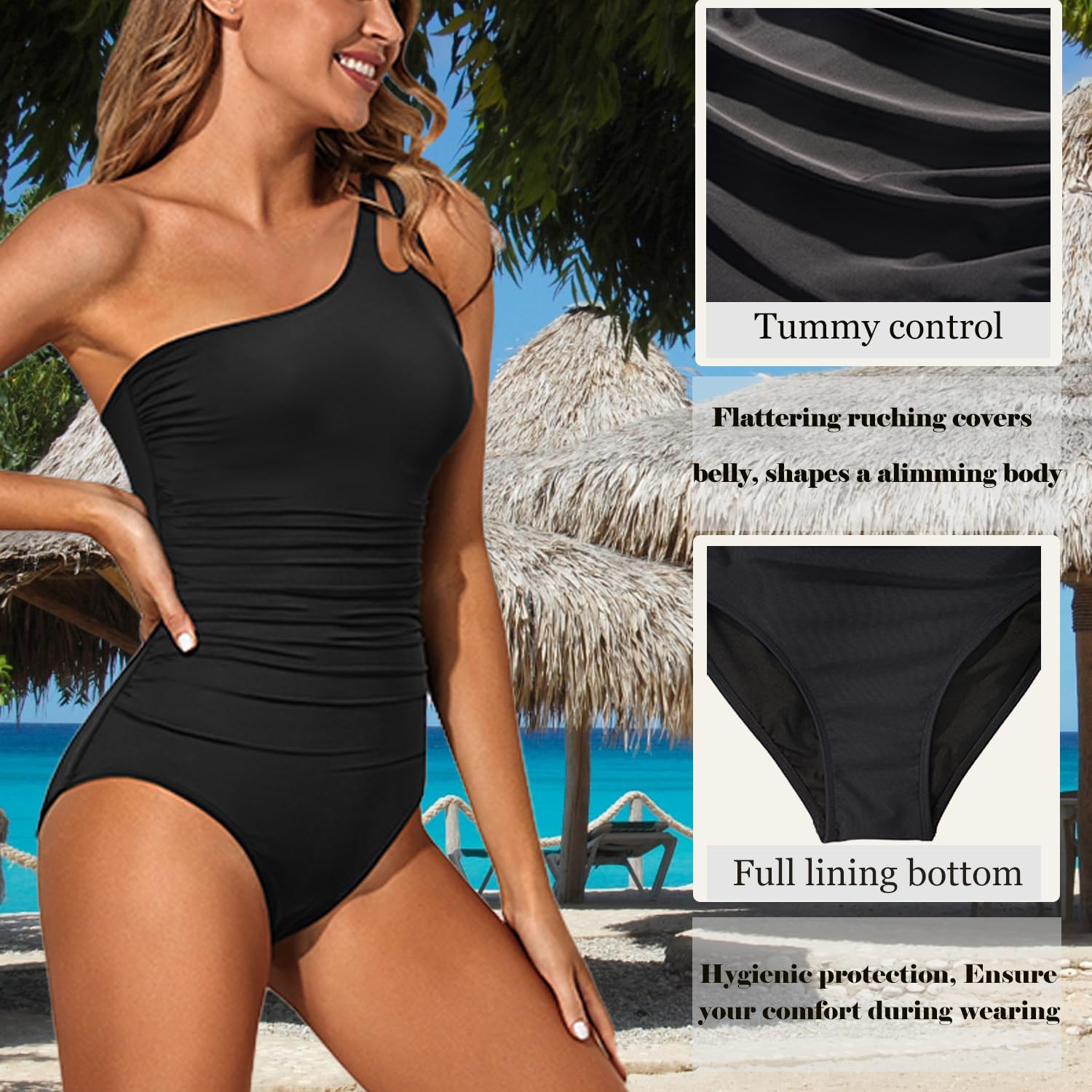 USUN Trajes de Baño De Una Pieza para Mujer Alta Cuello en V Control de Barriga Fruncido Bañador Reductores Barriga Monokinis Cintura Vintage Push Up Sexy Slim Fit Cintura Alta Bikini