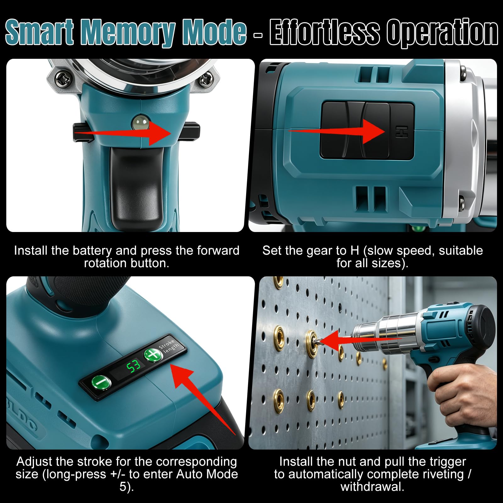 Remachadora Compatible con Makita 18V, Eléctrica Automática para Tuercas Remachables, Pistola Remachadora con Motor Brushless y Boquillas M5 M6 M8 (Sin Batería ni Cargador)