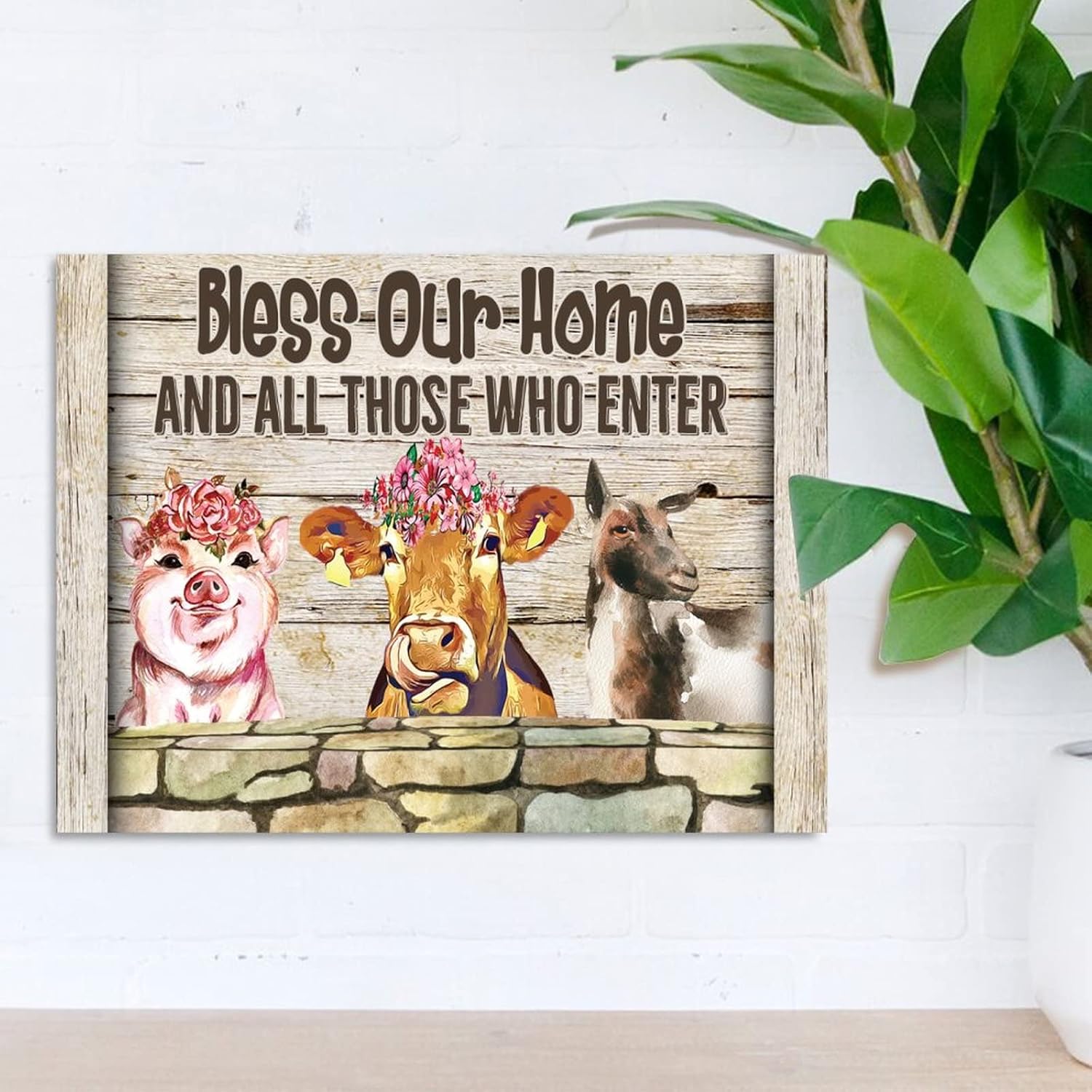 Wood Art Plaque Farmhouse Animal Pig Cow Sheep Sign Bless Our Home and All Those Who Enter Wood Sign Plaques Farmhouse Rustic Wall Home Decoration Plaque 24x18in