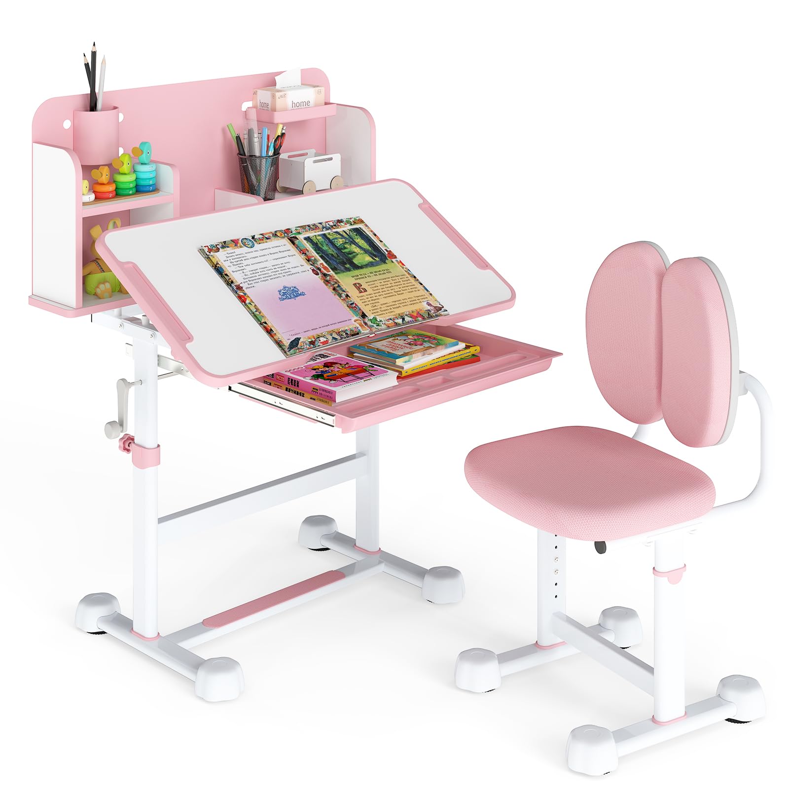 Maxmass Kids Table and Chair Set, Height Adjustable Children Desk and Chair with Tilt Desktop, Drawer, Storage Shelves, Pen Slot, Student Learning Studying Table for Writing Reading Drawing (Pink)
