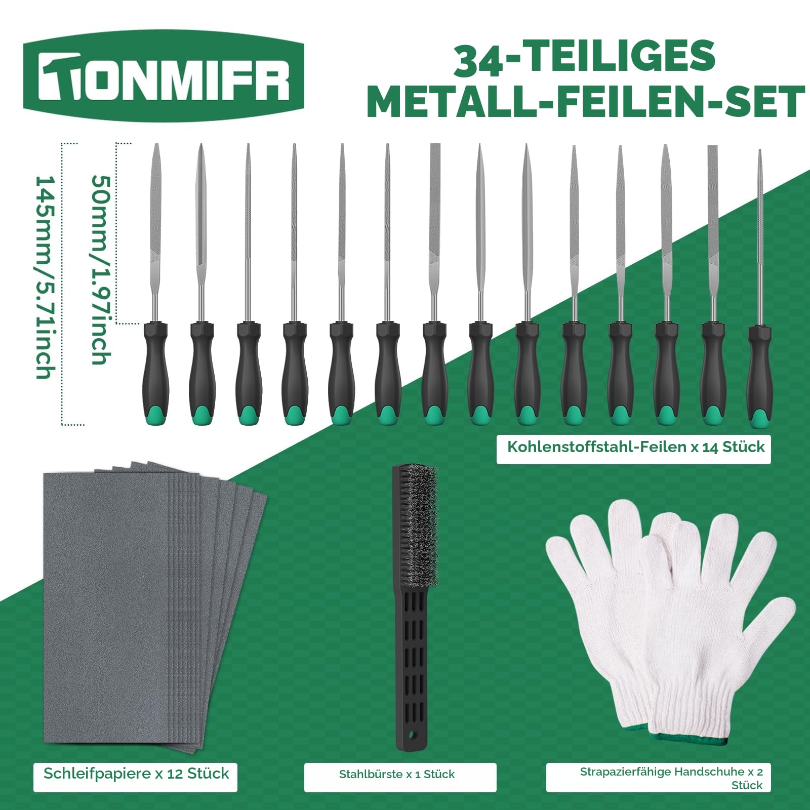Professionelles Metallfeilen-Set in Industriequalität, Hartstahl, 5 Formen (flach/halbrund/rund/dreieckig/quadratisch) für gehärteten Stahl