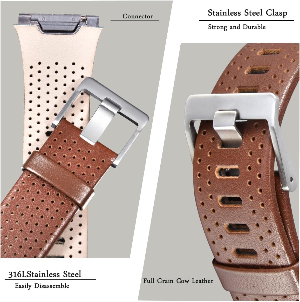 CAGOS Compatible with Fitbit Ionic Bands Men Women, Breathable Genuine Leather Straps Replacement Accessories Wristbands for Fitbit Ionic Smart Watch (Dark Brown Large(6.29''-8.66''))