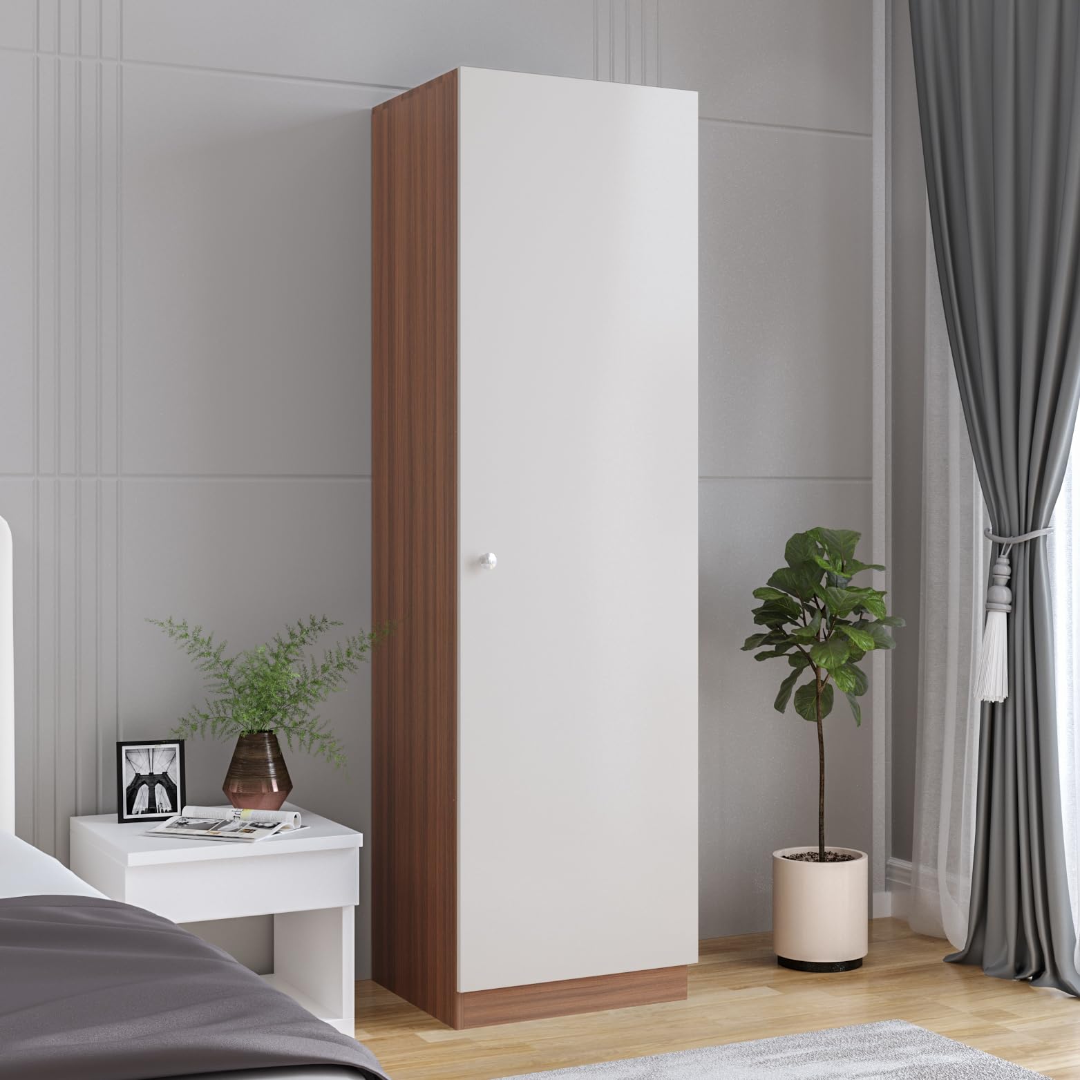 FURNEASER Fanciable Engineering Wood Wardrobe Almirah for Clothes with 1 Door | Single Door Cabinet Closet Organizer | Cupboard for Bedroom Living Room | 43 x 42 x 180 CM (Exotic Teak & White)
