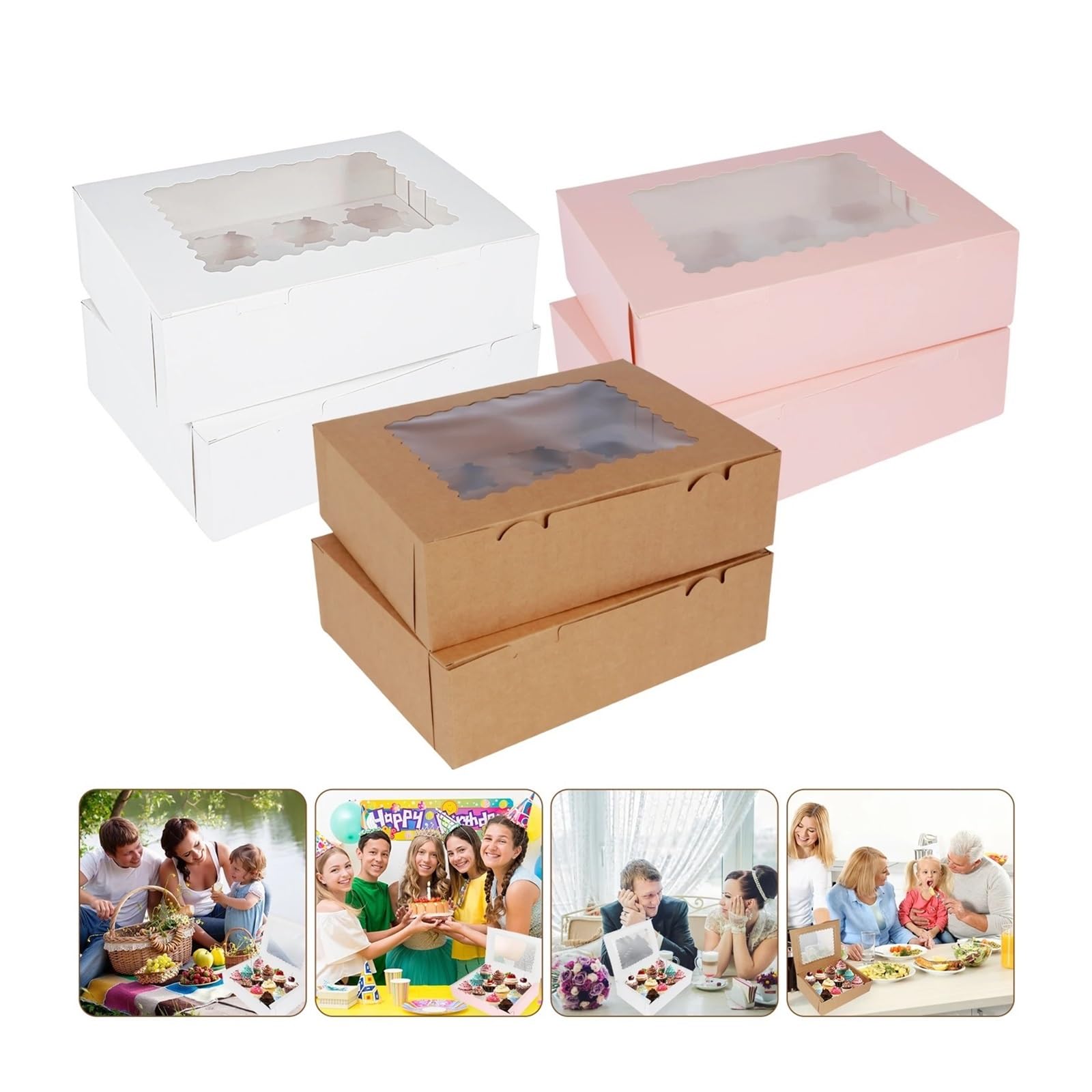 Recipiente para guardar tartas, Cajas de papel for cupcakes de 12 cavidades con ventana transparente, 32,5 x 25 x 9 cm, multicolor, paquete de 12(Pink)