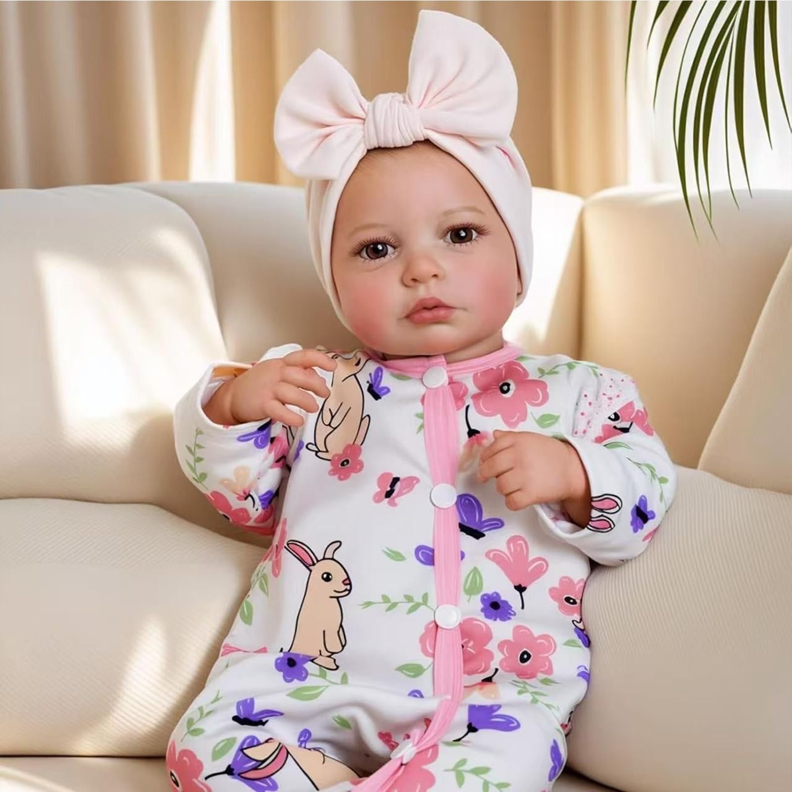 Reborn - Muñeca para bebé de 50 cm, vinilo suave, cuerpo ponderado, aspecto realista, traje floral con cinta para la cabeza, a partir de 3 años