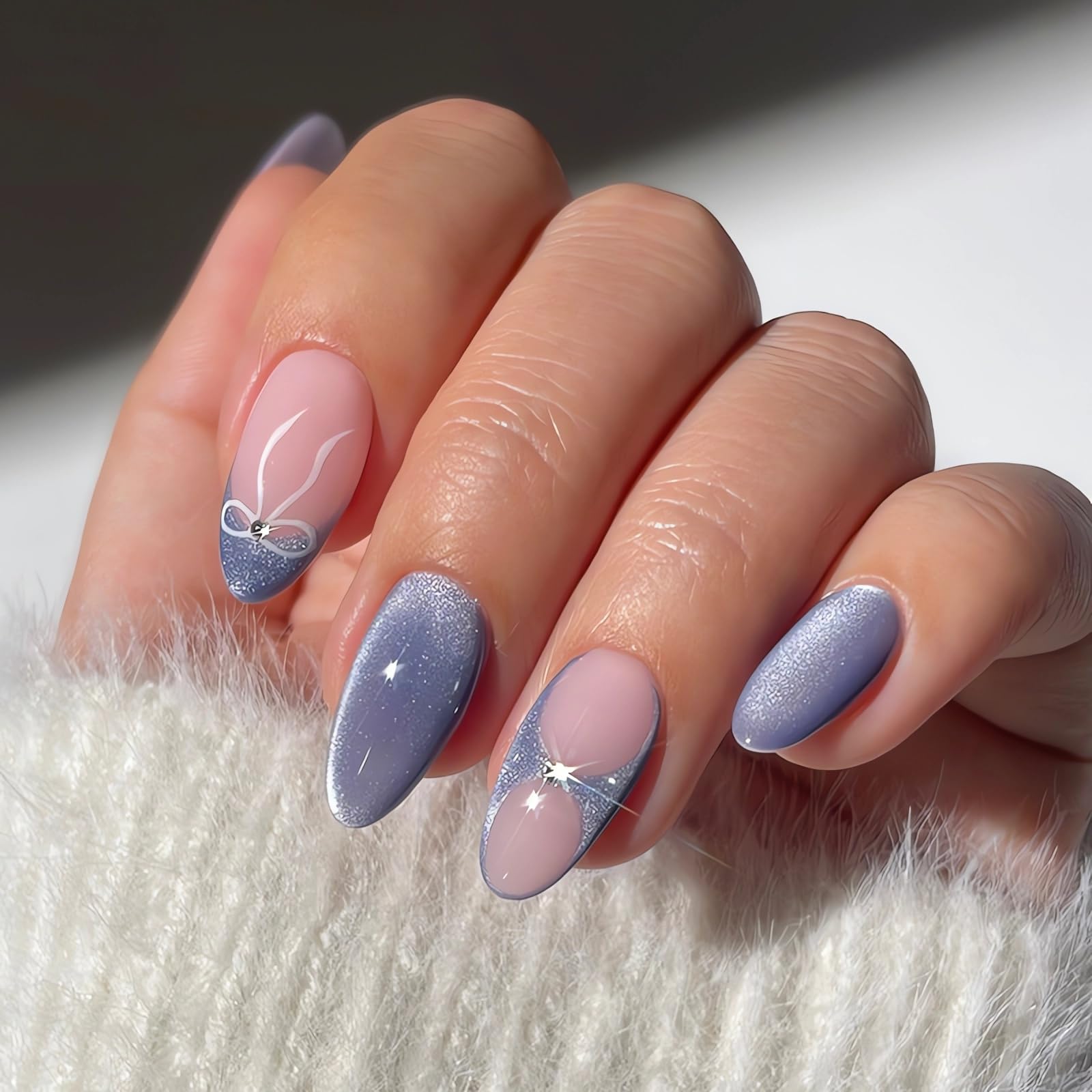 Almond Press on Nails Medium Cat Eyes Nails Press ons Blue French Tip False Nails Cute Fake Nails with Bow Designs Glossy Diamond Acrylic Glue on