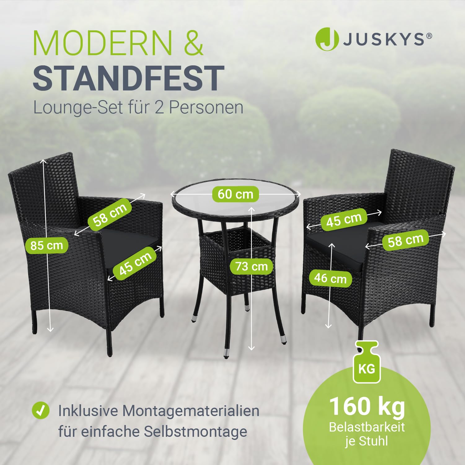 Juskys Polyrattan Balkon Set Bayamo 2 Personen - Tisch mit Glasplatte & 2 Stühlen - Wetterfeste Balkonmöbel - Auflagen waschbar - schwarz - grau