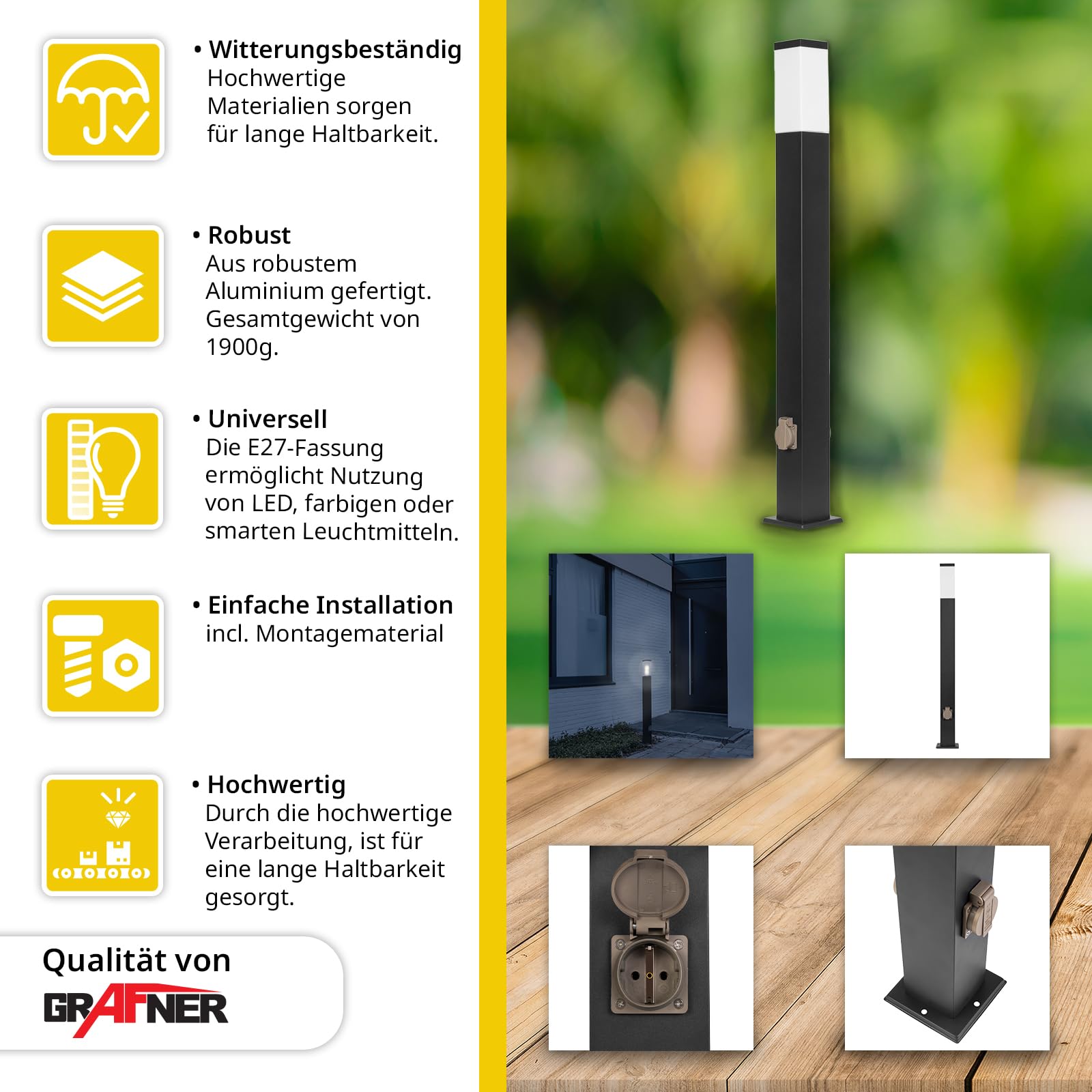 Grafner XL Wegeleuchte mit 2 Steckdosen, Höhe: 100 cm, Aluminium, E27, schwarz anthrazit, Wegleuchte Weglampe Gartenlampe Gartenleuchte Standlampe Außenstandleuchte Pollerleuchte