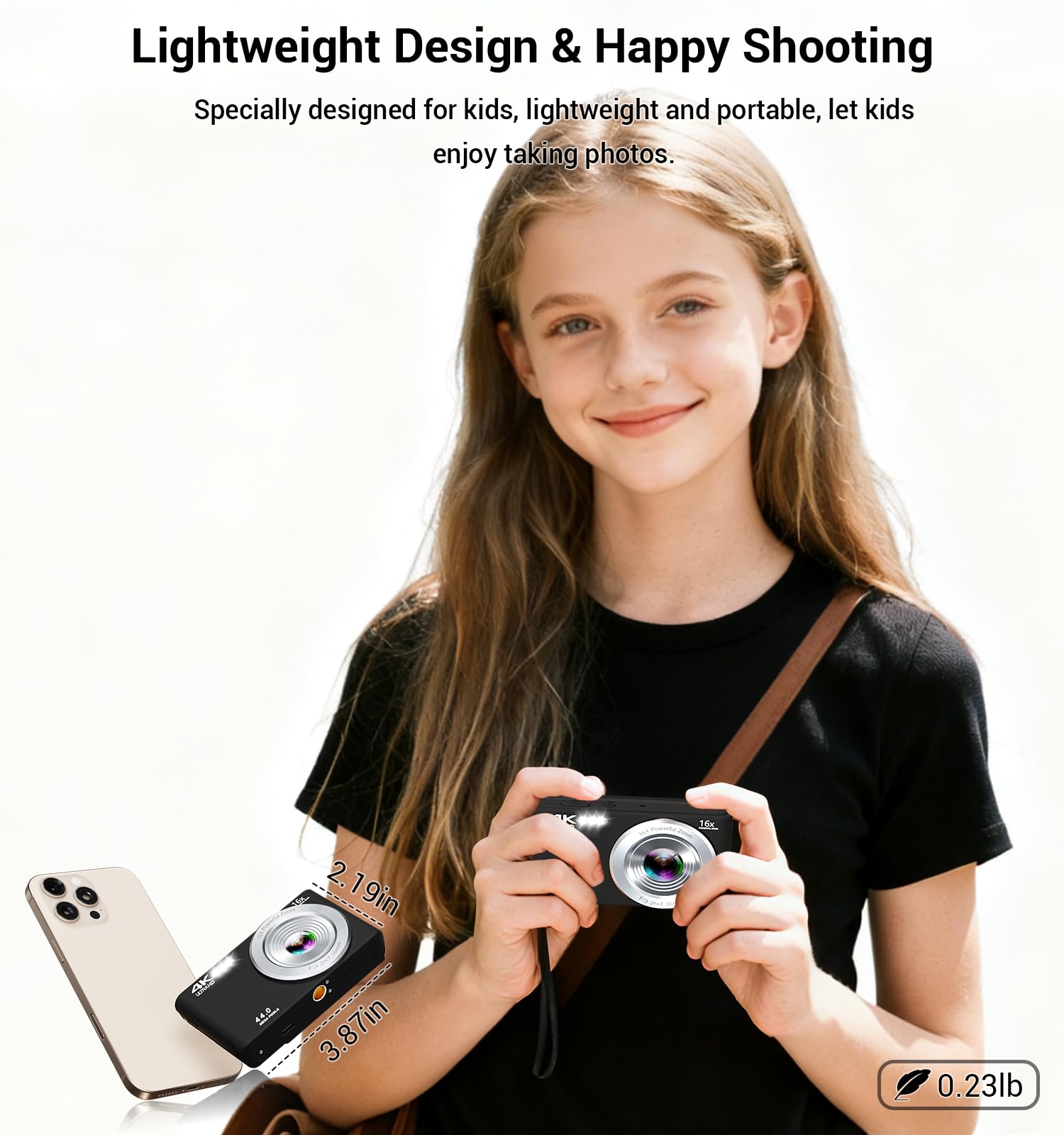Cámara digital, cámara FHD 4K para niños de 44 MP con tarjeta SD de 64 GB, 2 baterías, enfoque automático, zoom digital de 16X, compacta, portátil, apunta y dispara, cámaras digitales pequeñas vintage