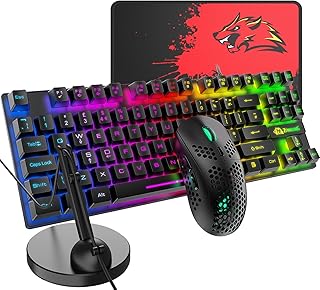 UK Layout Gaming Keyboard Mouse and Mouse Bungee, Mice Pad, 88 Keys Rainbow LED Mechanical feel Ergonomic Keyboard + RGB 6400DPI Honeycomb Shell Gaming Mice, for PS4, PS5, Xbox, PC, MAC (Black)
