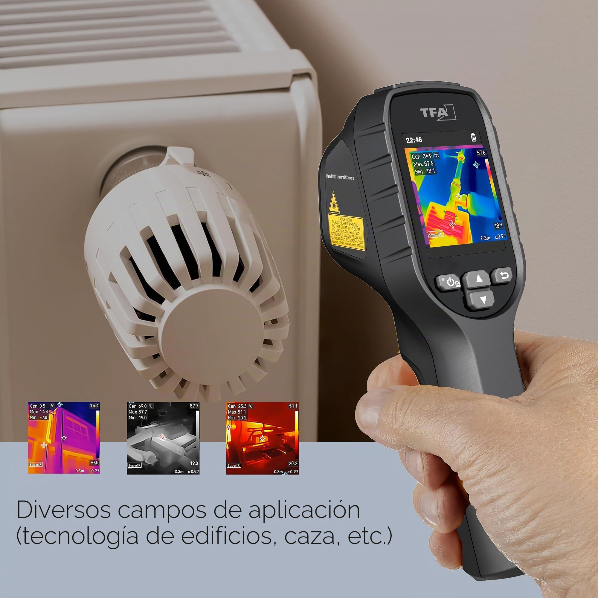TFA Dostmann Cámara termográfica Visualtemp 96 x 96 IR resolución 31.1144 con infrarrojos, portátil, 8 horas de autonomía, -20 °C a 550 °C, precisión +/- 3°, IP 54, para caza o inspecciones en casa
