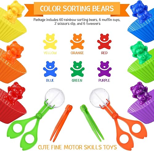 Miniatura 3 de 74 piezas de osos de clasificación de conteo, herramientas sensoriales para habilidades motoras finas, práctico juego de cucharas incluye 60 bonitos