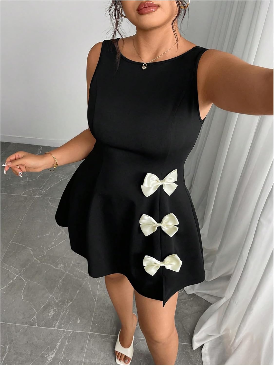 Floerns Women's Plus Size Crew Neck Mini Dress Elegant Bowknot Sleeveless A Line Party Dresses - Image 4