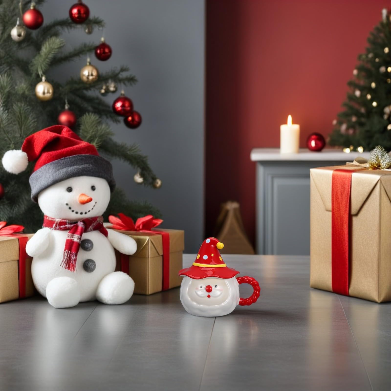 Housoutil Taza de Café Navideña con Tapa en Forma de Gorro, Taza de Cerámica 3d de Papá Noel.