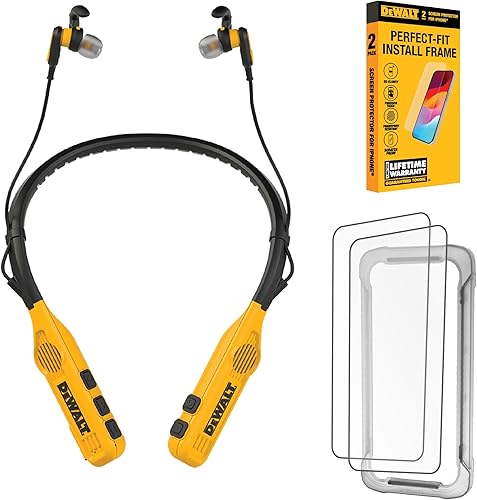 DEWALT Auriculares Bluetooth 2 en 1 con banda para el cuello con altavoces incorporados, protector de pantalla de vidrio para iPhone 13/13 Pro/14