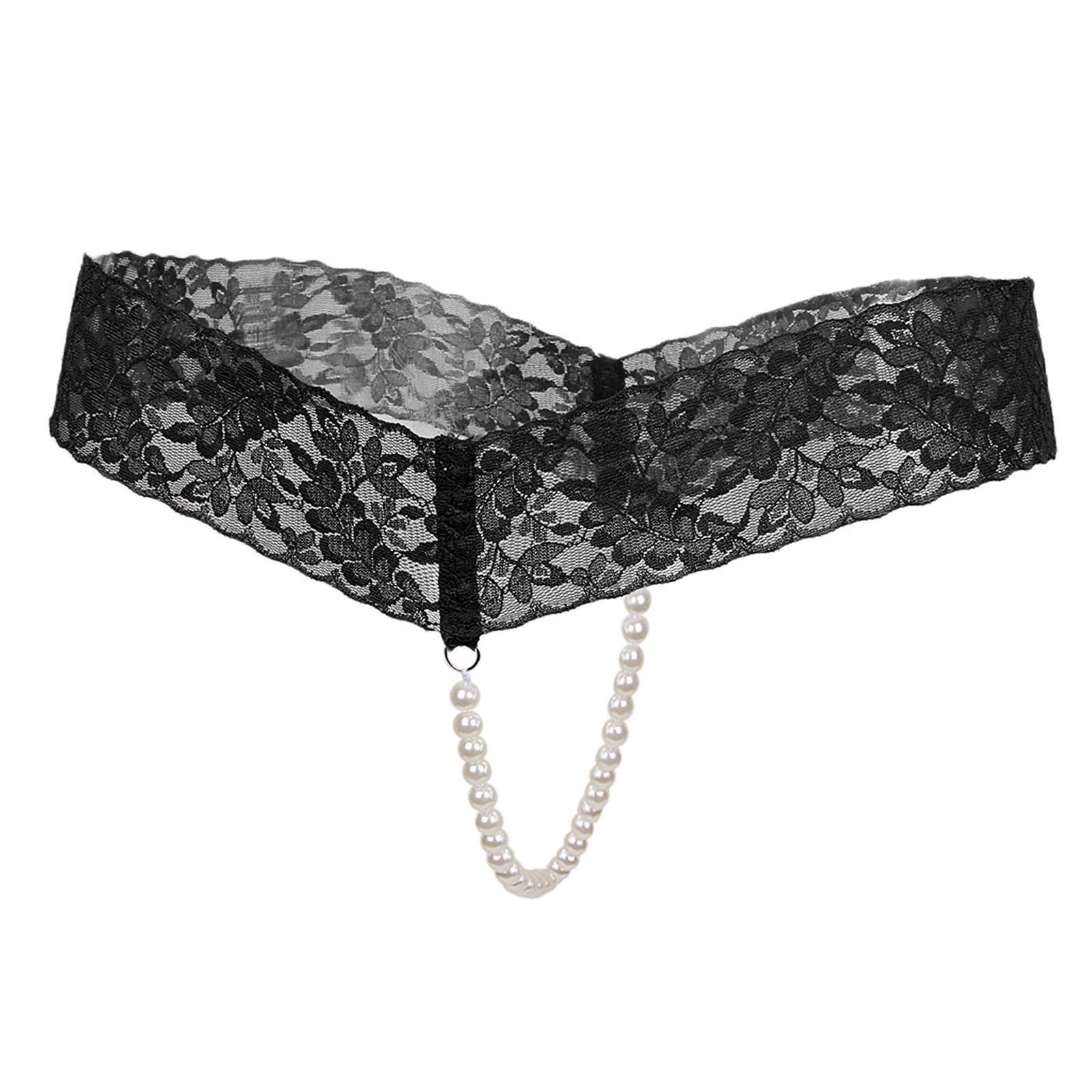 snappsy Women Crotchless Panties Sheer Lace Thong Underwear Pearls Strings Black-picture-33