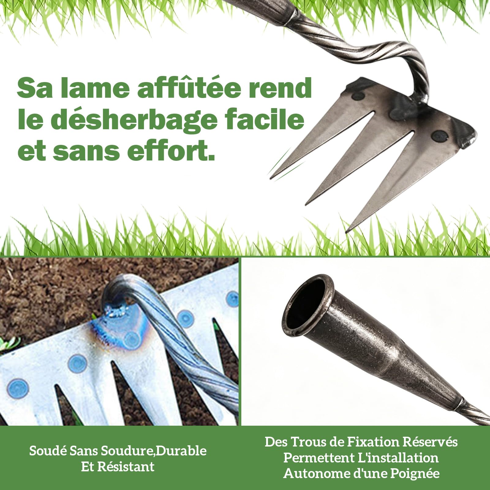 MagiDeal Râteau Désherbeur, Outil de Désherbage, Rateau de Désherbage Berthaus, Rateau de Jardin Robuste en Acier au Manganèse, Râteau à Main pour Planter, Cultiver La Pelouse, sans Manche, 3 Dents