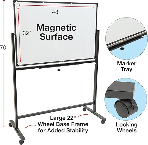 Miniatura 3 de Excello Global Products Tablero blanco grande de 48 x 32 pulgadas sobre ruedas 1 pizarra magnética reversible de borrado en seco con soporte