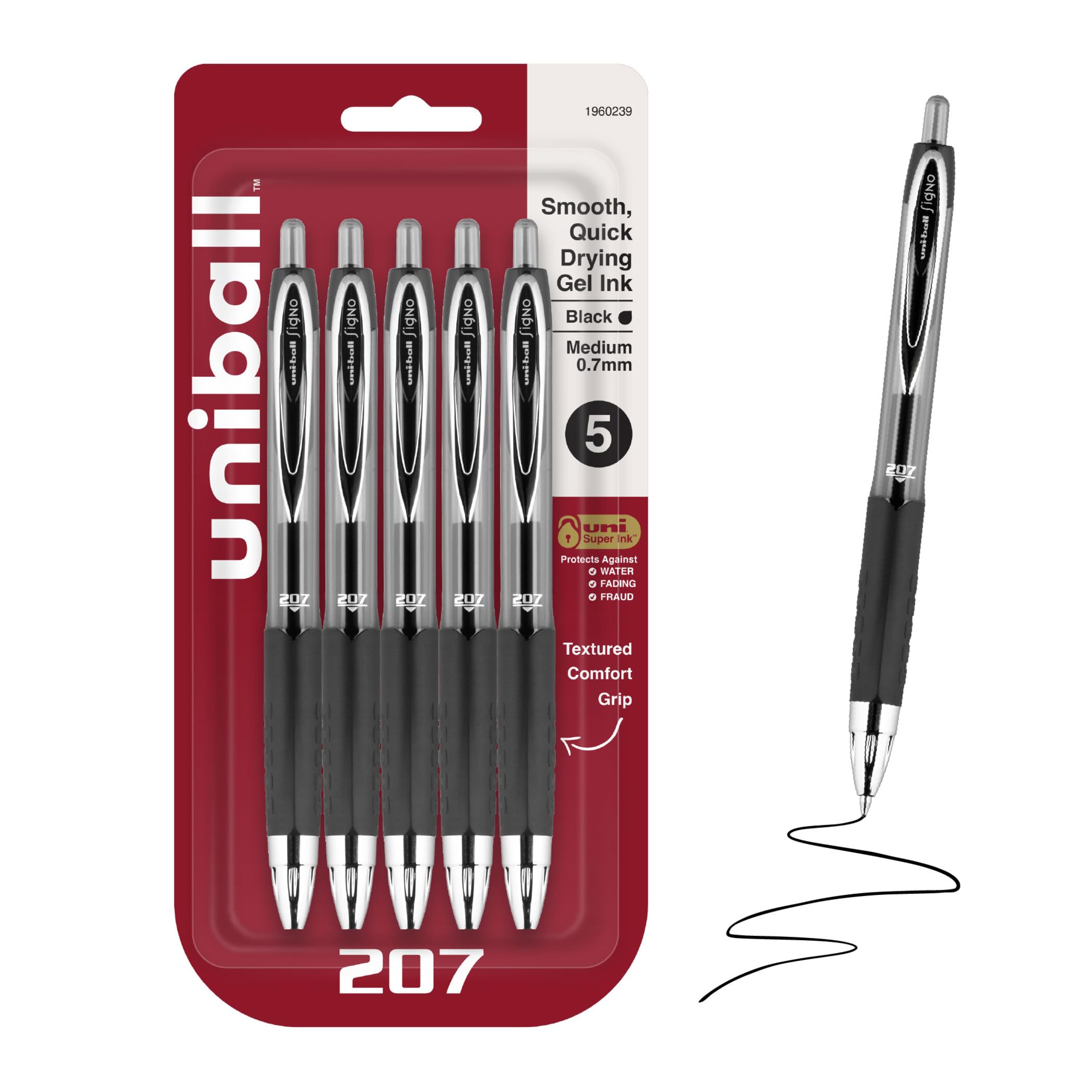 uni-ball Signo 207 Lot de 5 stylos à encre gel, rétractable, pointe moyenne 0,7 mm, encre noire, corps noir translucide
