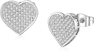 Silver Stud Earrings for Men with Heart Shaped White Gold Plated Earrings Hypoallergenic Cubic Zirconia Earring Studs Fashion Mens Jewelry Gift