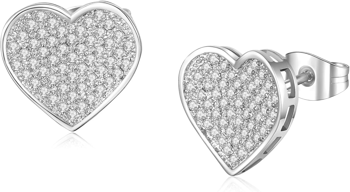 Silver Stud Earrings for Men with Heart Shaped White Gold Plated Earrings Hypoallergenic Cubic Zirconia Earring Studs Fashion Mens Jewelry Gift