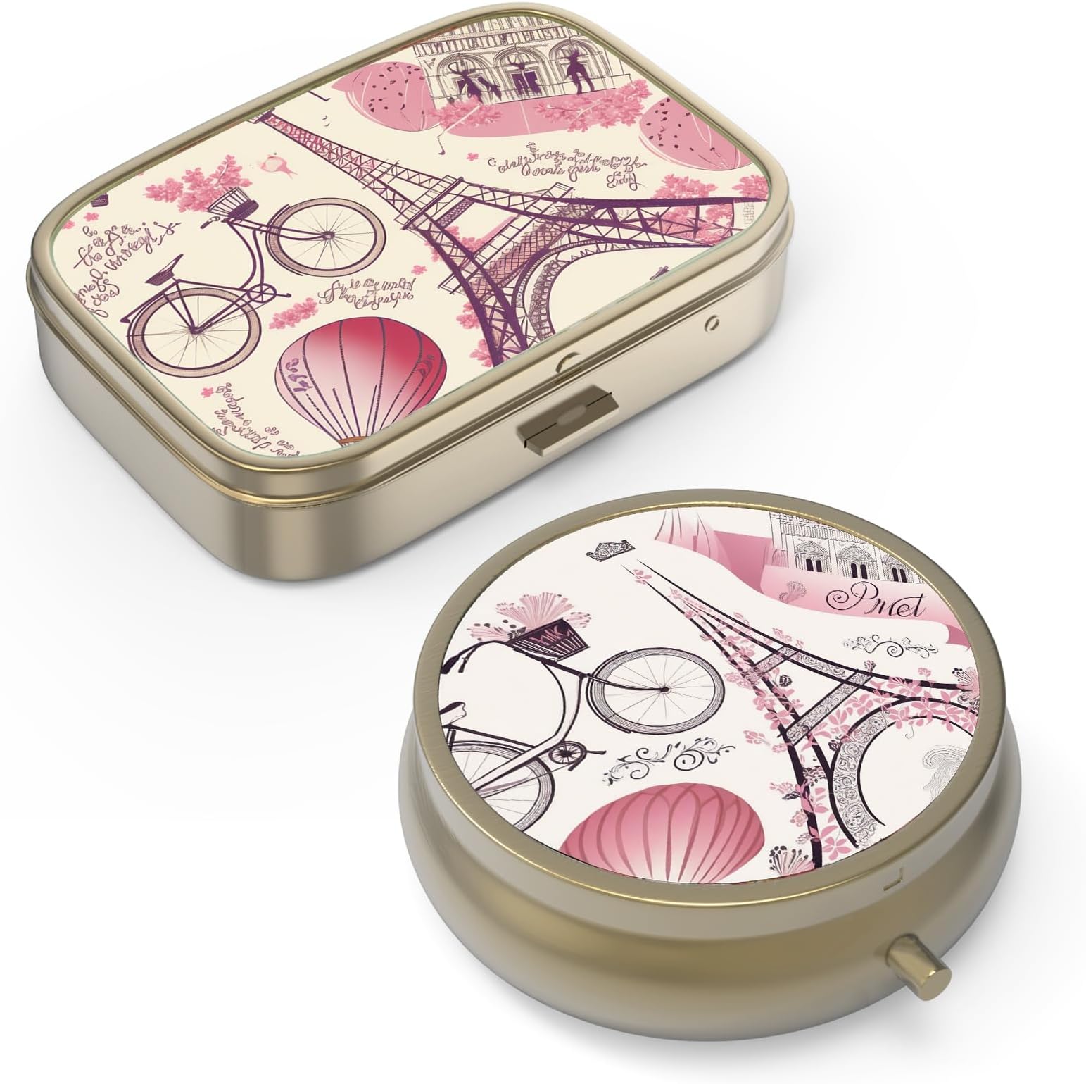Pill Case Pill Box with Mirror Retro Small Pill Case for Purse or Pocket Bronze Pill Box or Vitamins, Fish Oil, Supplements, Pill Containe Travel Gifts(2PCS)