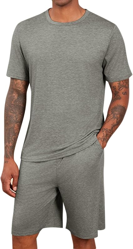 Runcati Mens Pajama Sets Short Sleeve Shirt and Shorts 2 Piece Outfits