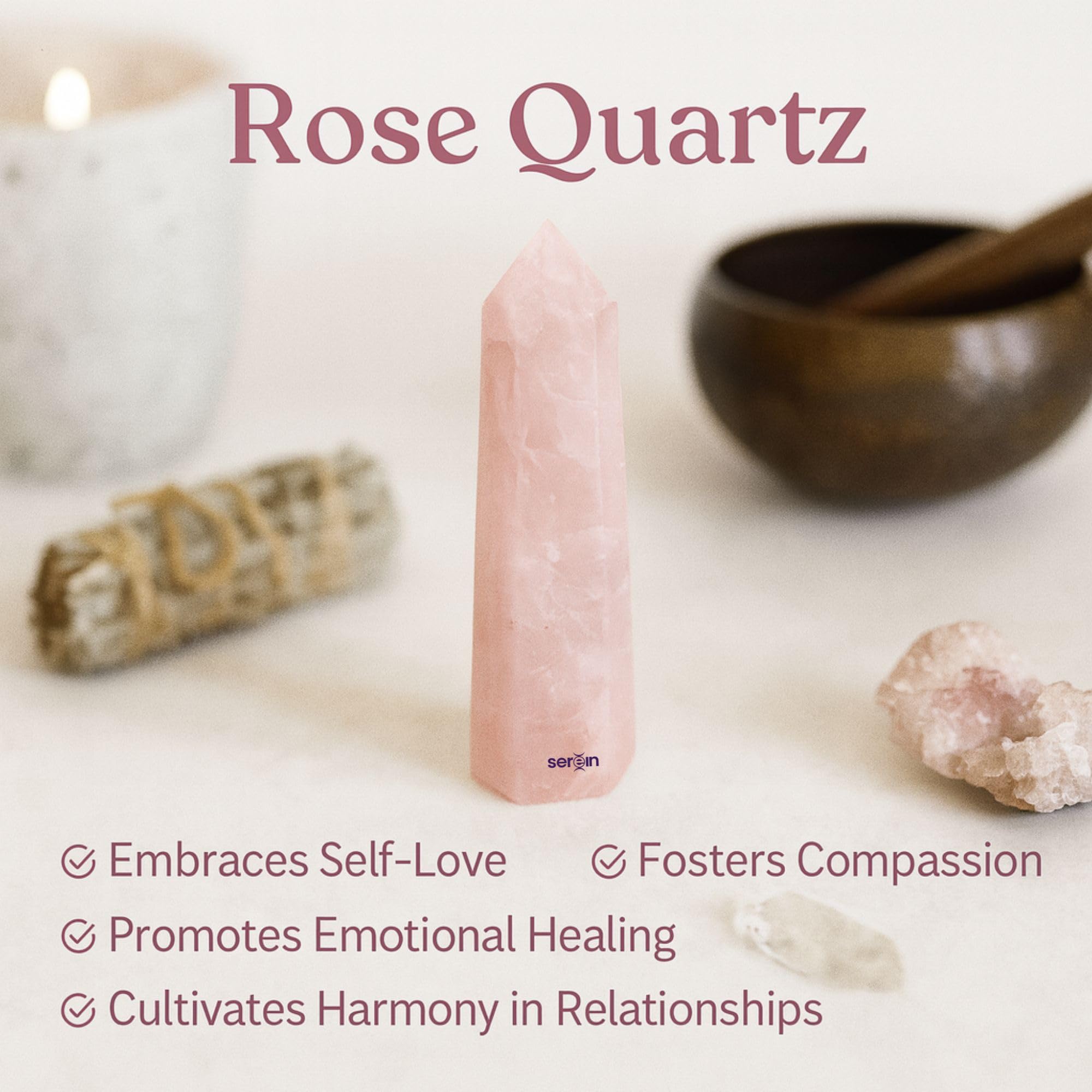 Serein Rose Quartz Tower Natural Healing Crystal 4" Hexagonal Single Point Pink Wand for Love Relationship Compassion, Meditation, Chakra Balancing & Positive Energy Spiritual Home Décor Gift 1