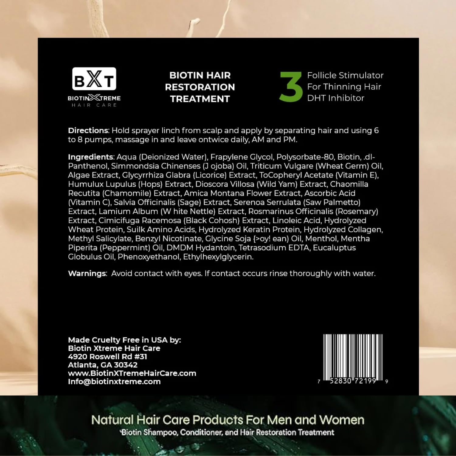 Biotin X Treme spray do odbudowy włosów, naturalny bloker DHT i stymulator pęcherzyków do przerzedzania włosów i wypadania włosów, serum bez leków, S