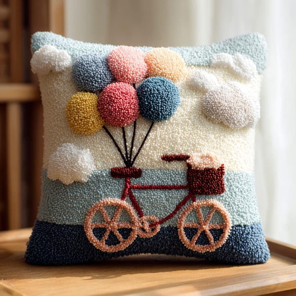 WallustrioaW Latch Hook Pillow Cover Kit,Balloons on Bicycles,Cross Stitch Cushion Covers Kits DIY Craft Needlework Latch Hook for Kids Adults,43x43cm