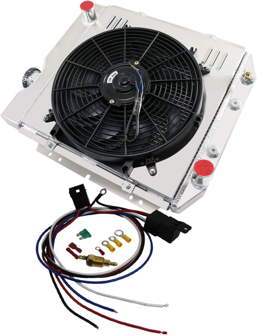 Full Aluminum Radiator for 1960-1966 Ford Mercury Comet Falcon Ranchero /65-66 Mustang L6 V8 3 Rows Core Radiator +shroud Fan +Relay Kit