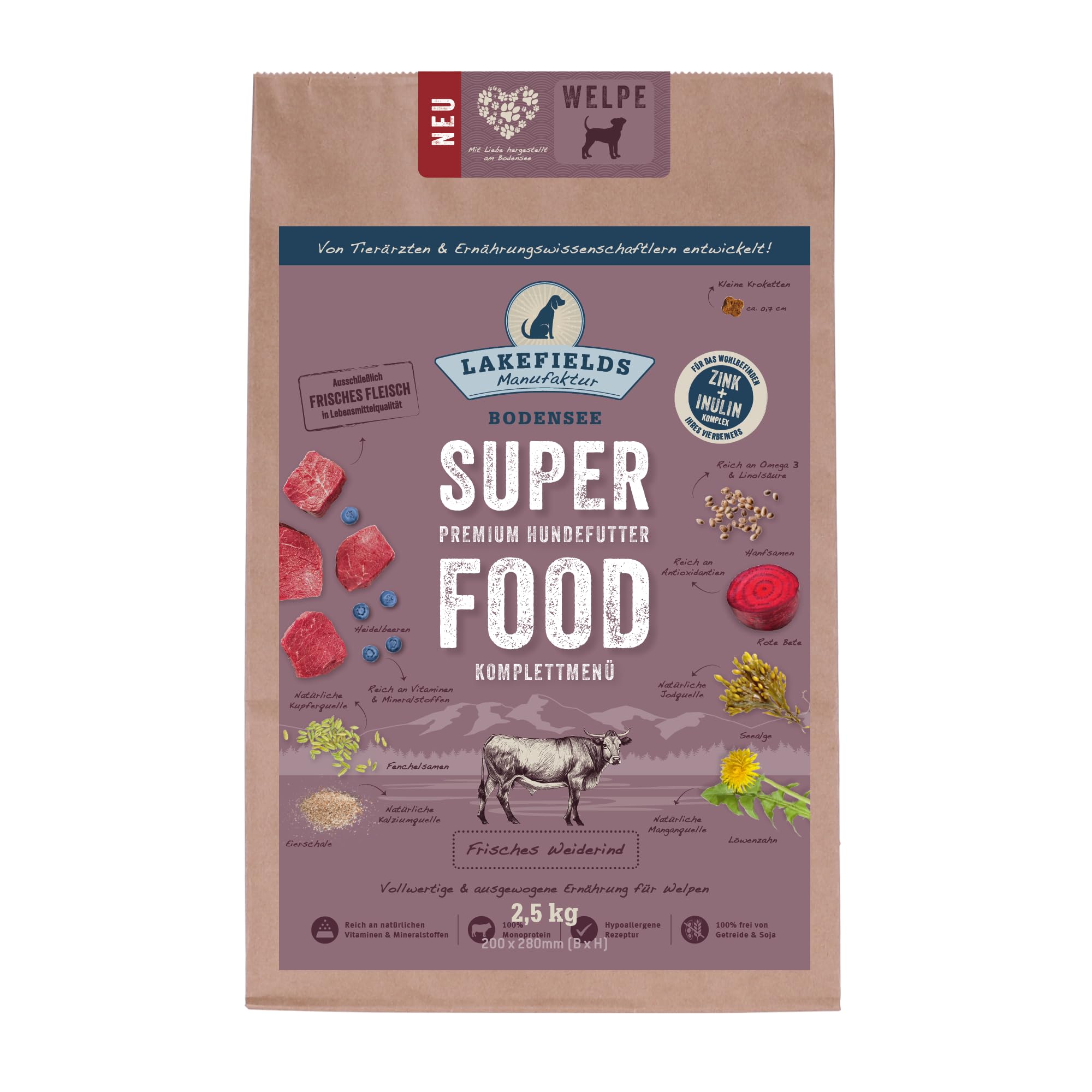 Lakefields Premium SUPERFOOD RIND dla szczeniaków, sensacja suchej karmy dla Twojego psa, wymiary: 2 x 2,5 kg