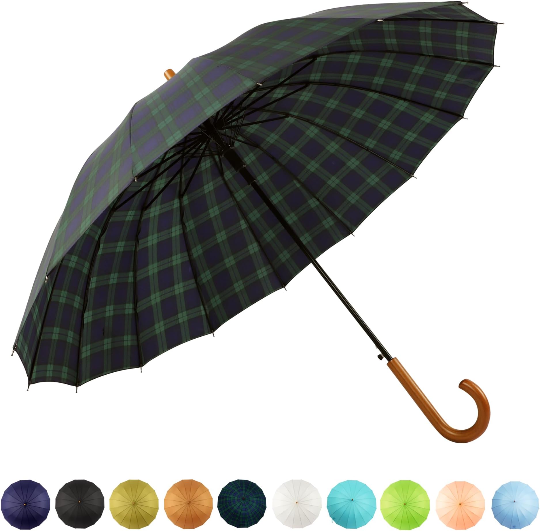 16 Ribs 48" Stick Umbrella Auto Open Solid Color Fashionable and Simple๏ผArc Classic Wood Handle๏ผWindproof Unbreakable Stick Rain Umbrella