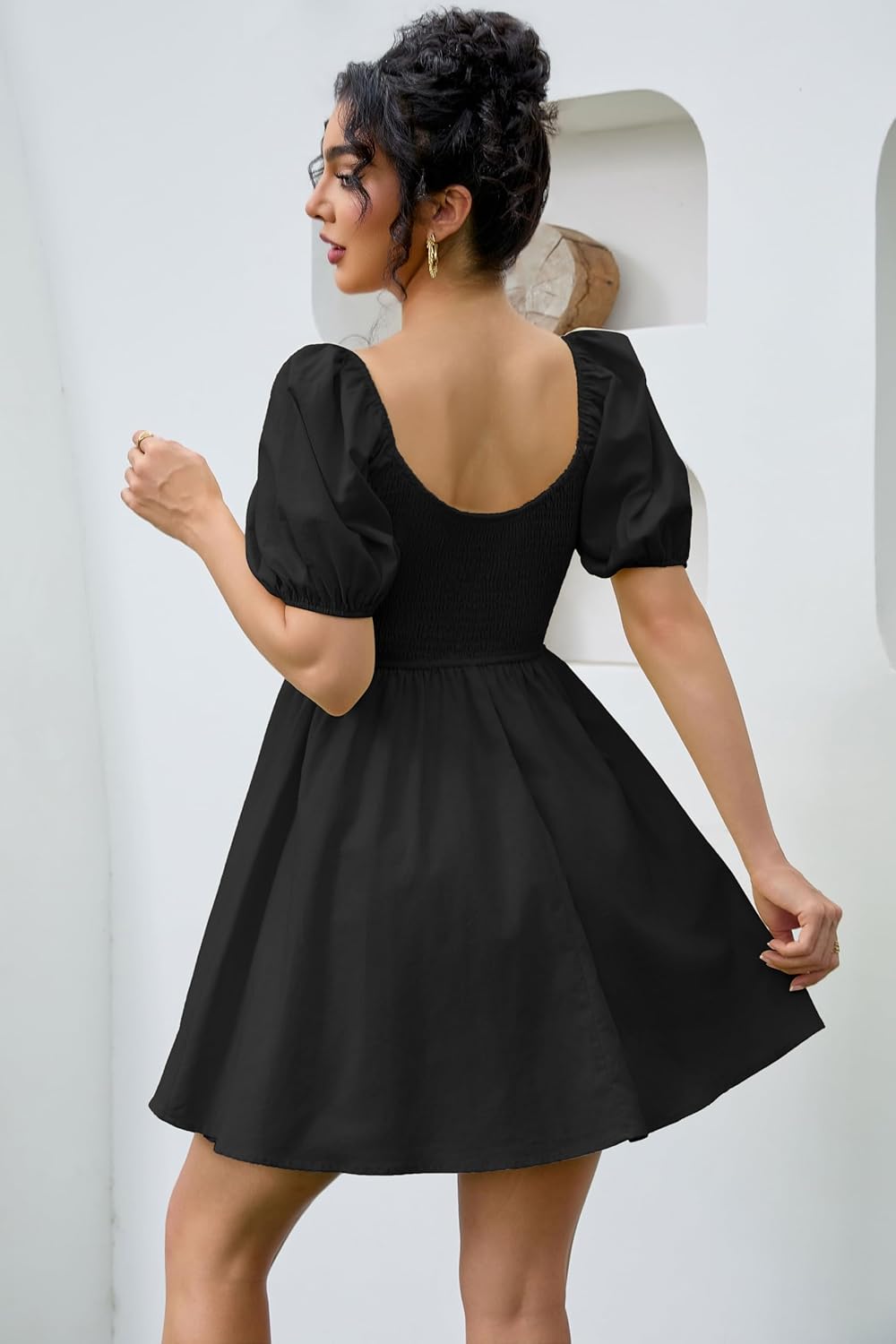 Women's Summer Casual Puff Sleeve Babydoll Dress V Neck Empire Waist Boho Swing Sundresses Beach Mini Dresses - Image 3