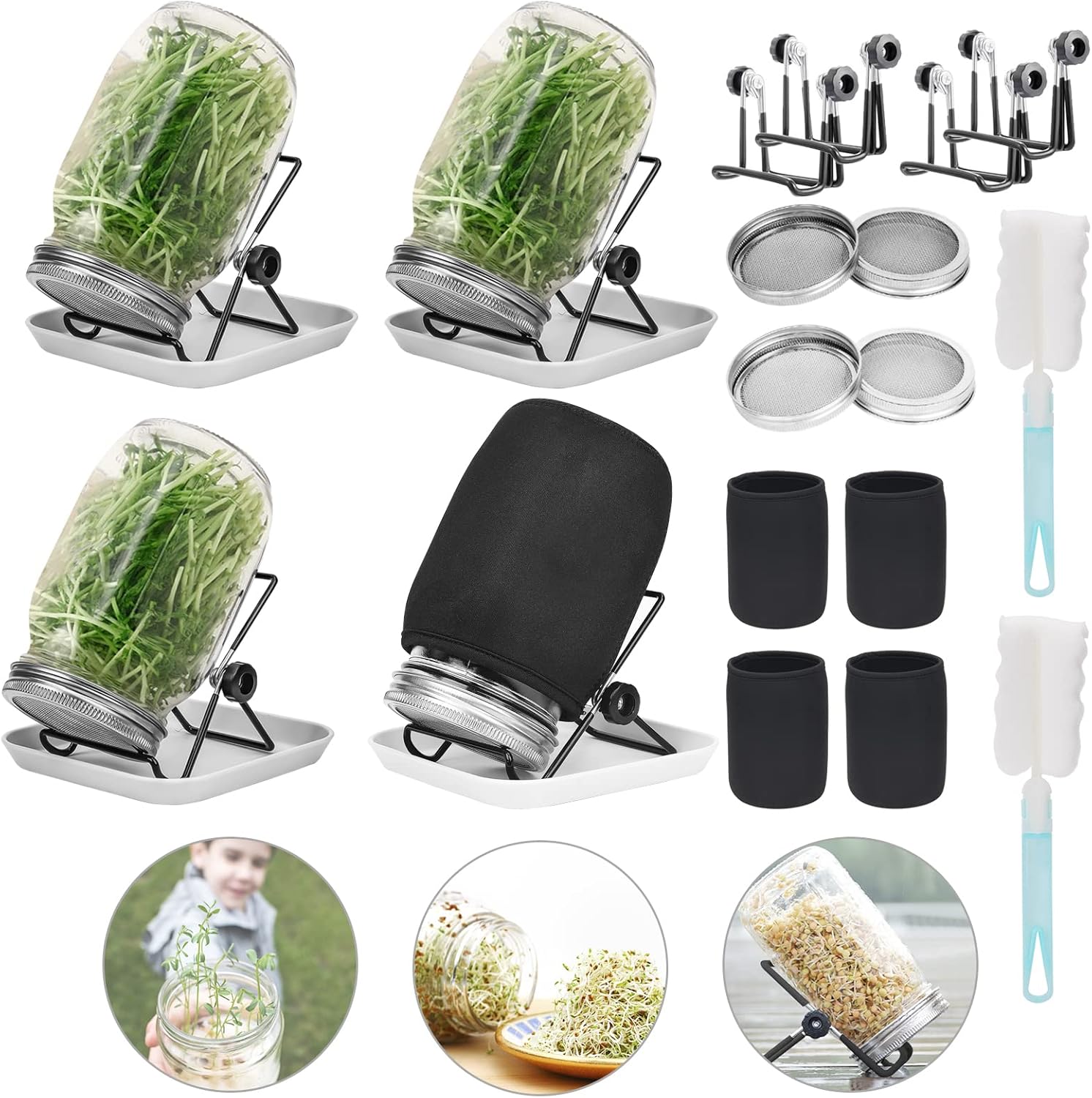 Sprouting Kit, 4 Sprouting Jar Kit, Wide Mouth Quart Mason Jars with