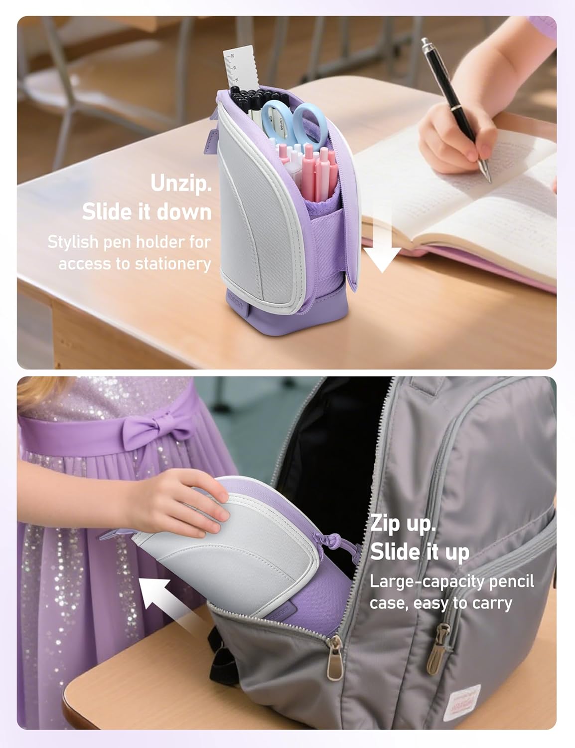 2 in 1 Standing Pencil Case Telescopic Pen Holder Stationery Pouch Organizer Box Large Storage Bag for Office Women (Purple & Ash White) - Image 5