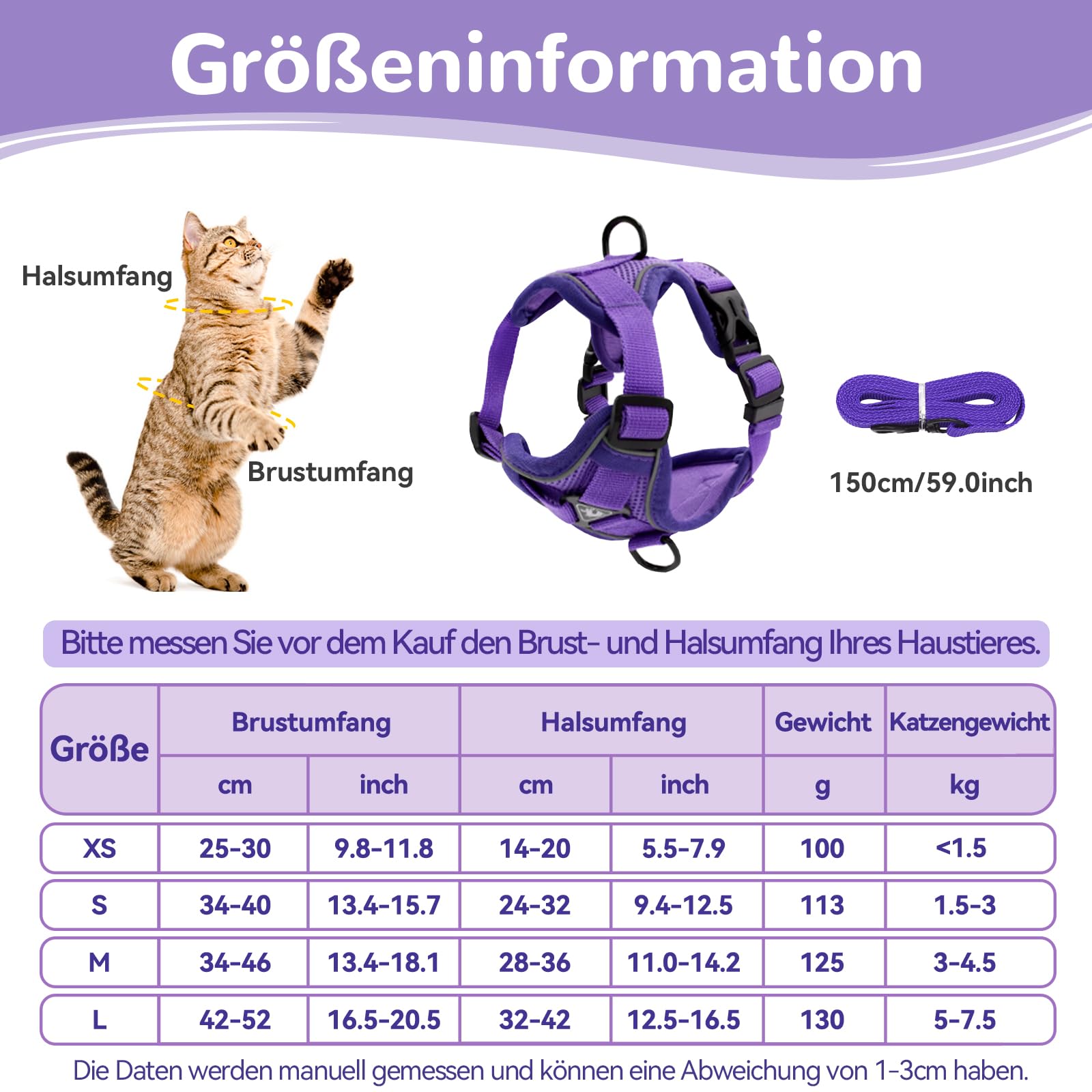 Arnés ajustable anti-rotura para gato con correa - Grantop - Arnés suave para gato - Morado oscuro - Talla XS — view 2