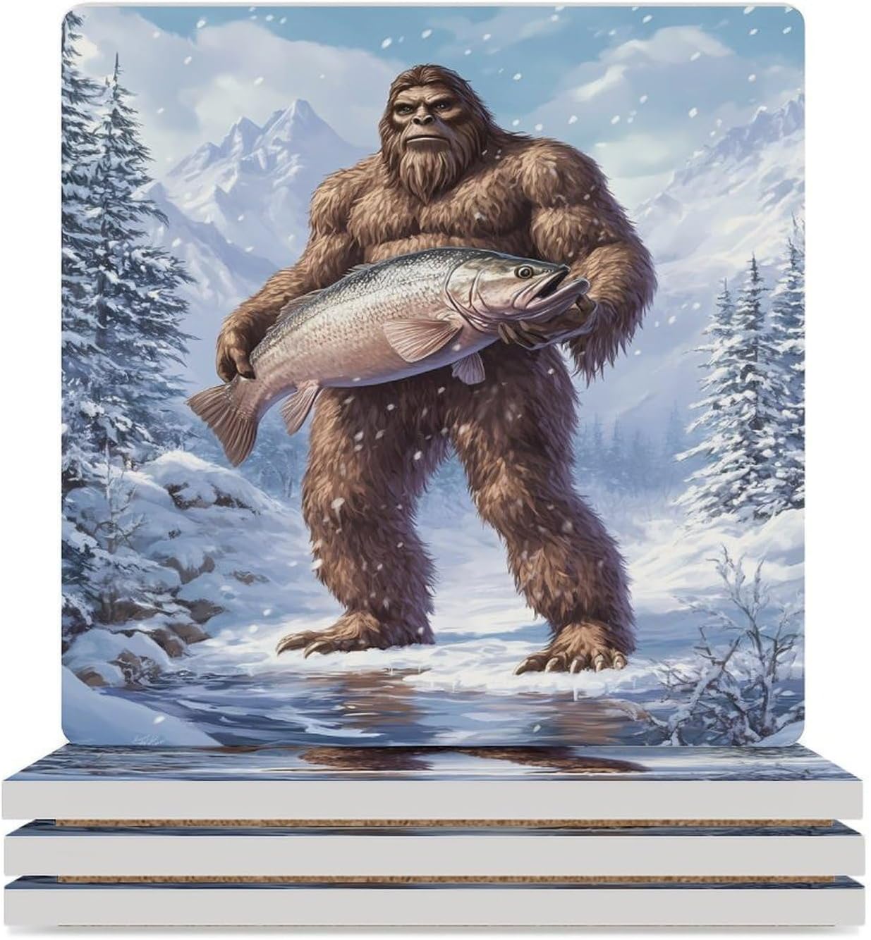 Winter Bigfoot Trout Fish Ceramic Coasters Square Drinks Coaster Coffee Table Decor Table Coaster for Home Bar
